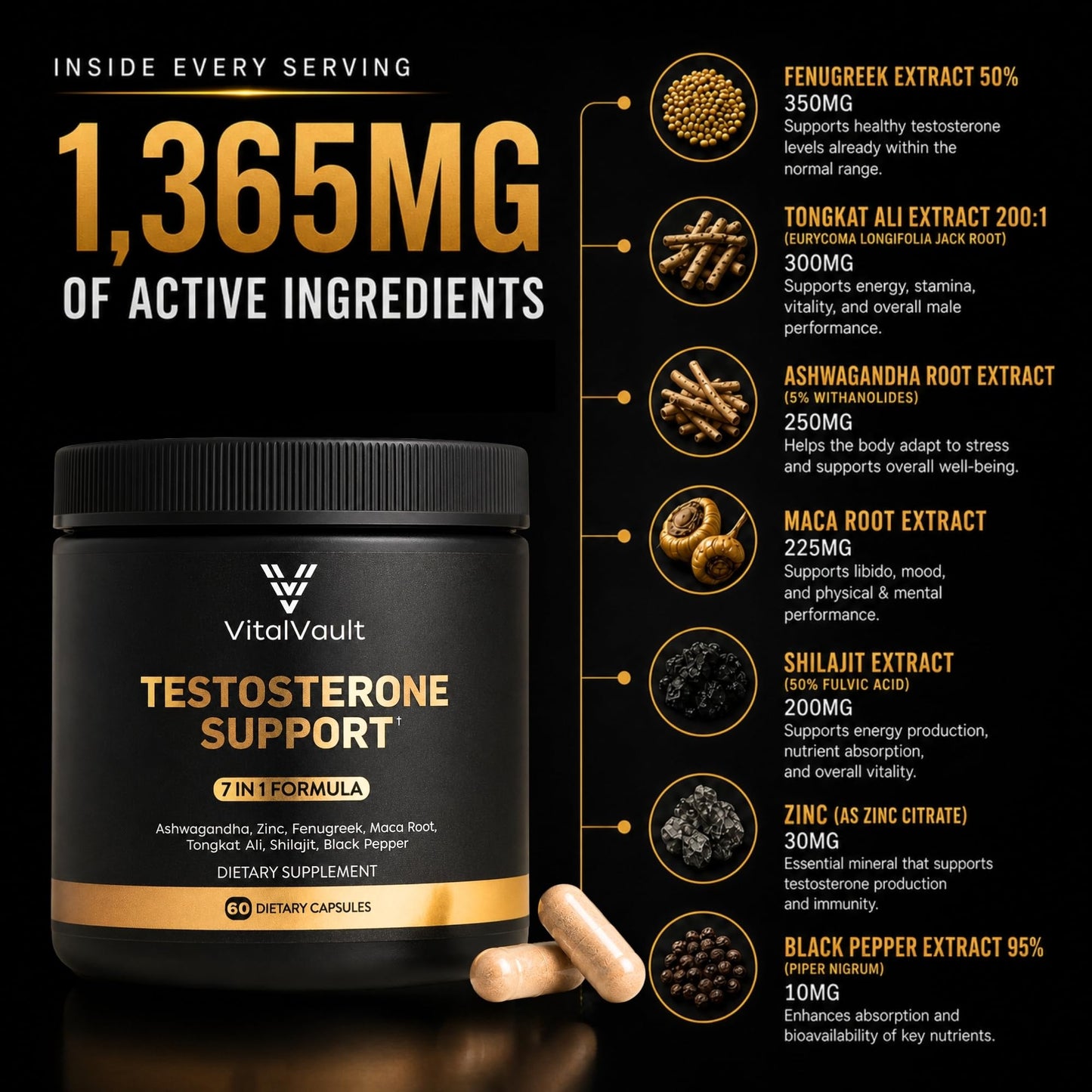 VitalVault Natural Testosterone Booster for Men Capsules, 60 Count