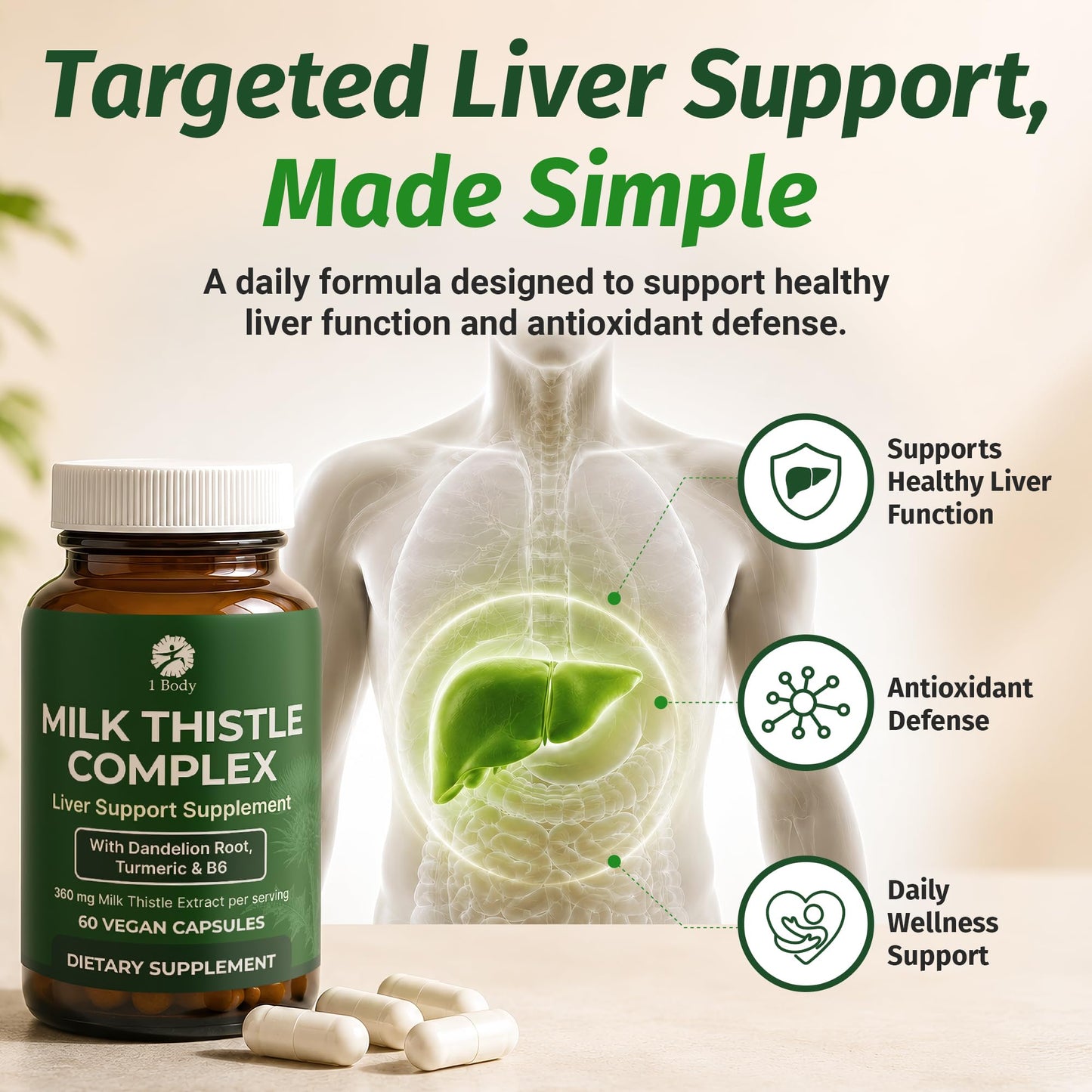 1 Body Milk Thistle Complex, Silymarin Liver Support Capsule, 60 Count