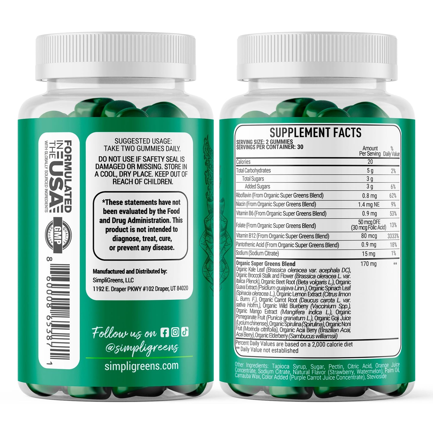SIMPLI GREENS Vegan Superfood Gummies Supplement, 60 Count