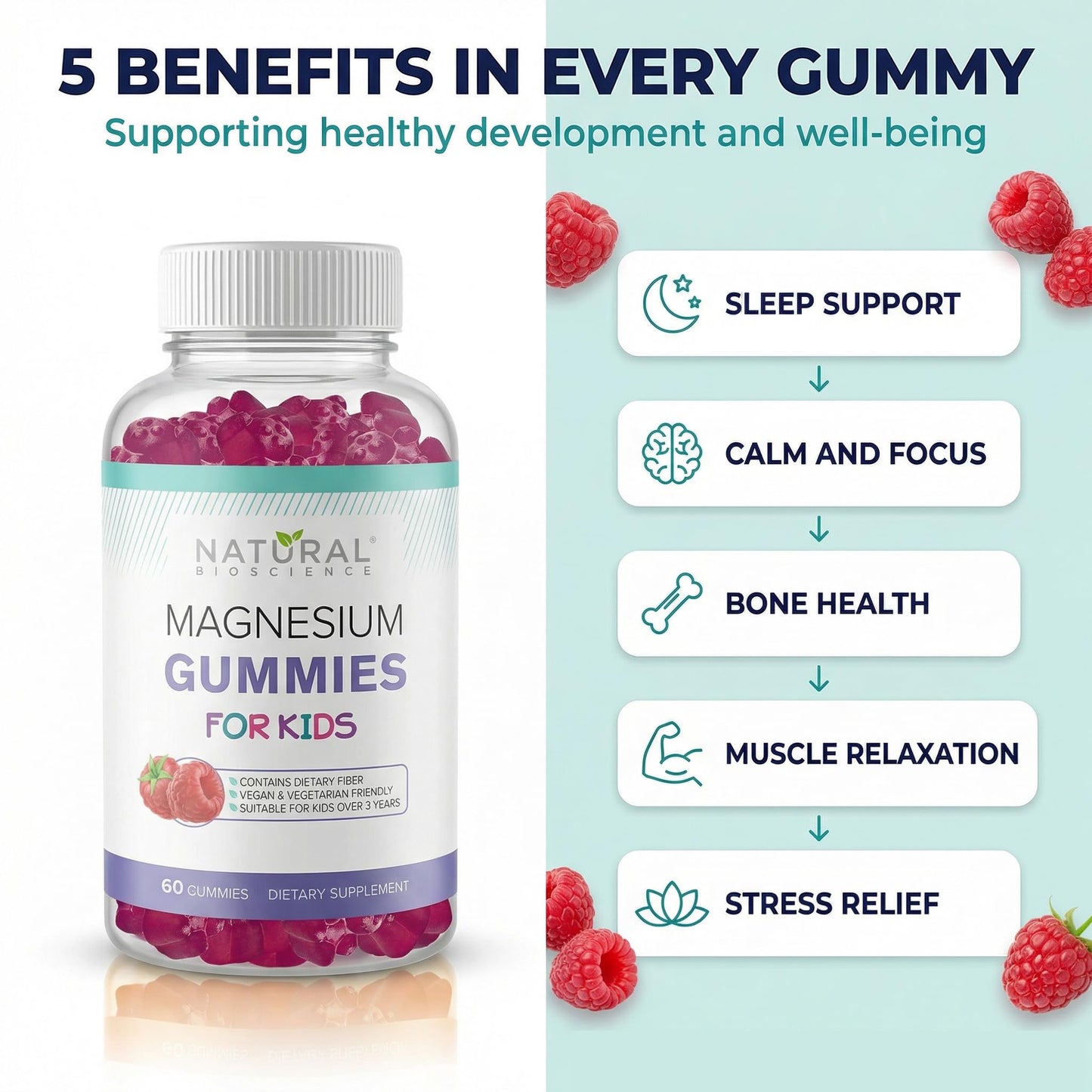 Natural BioScience Magnesium Gummies for Kids - Sugar Free, Calm & Sleep Support, Chewable Magnesium Supplement, 30 Count, Vegan, Non-GMO, Gluten-Free