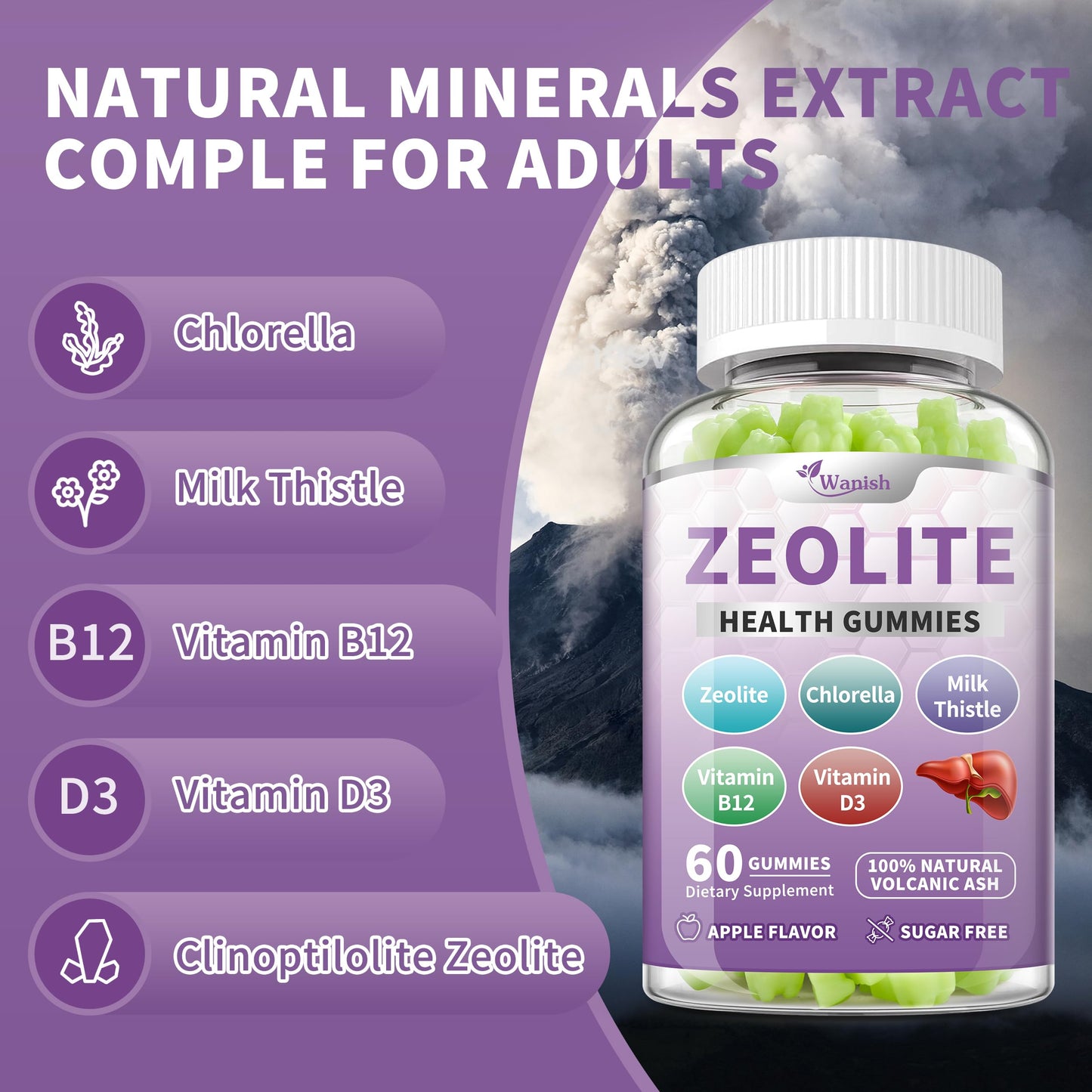 Wanish Zeolite Gummies for Adults with Clinoptilolite, Chlorella, Milk Thistle & Vitamins, 60 Gummies