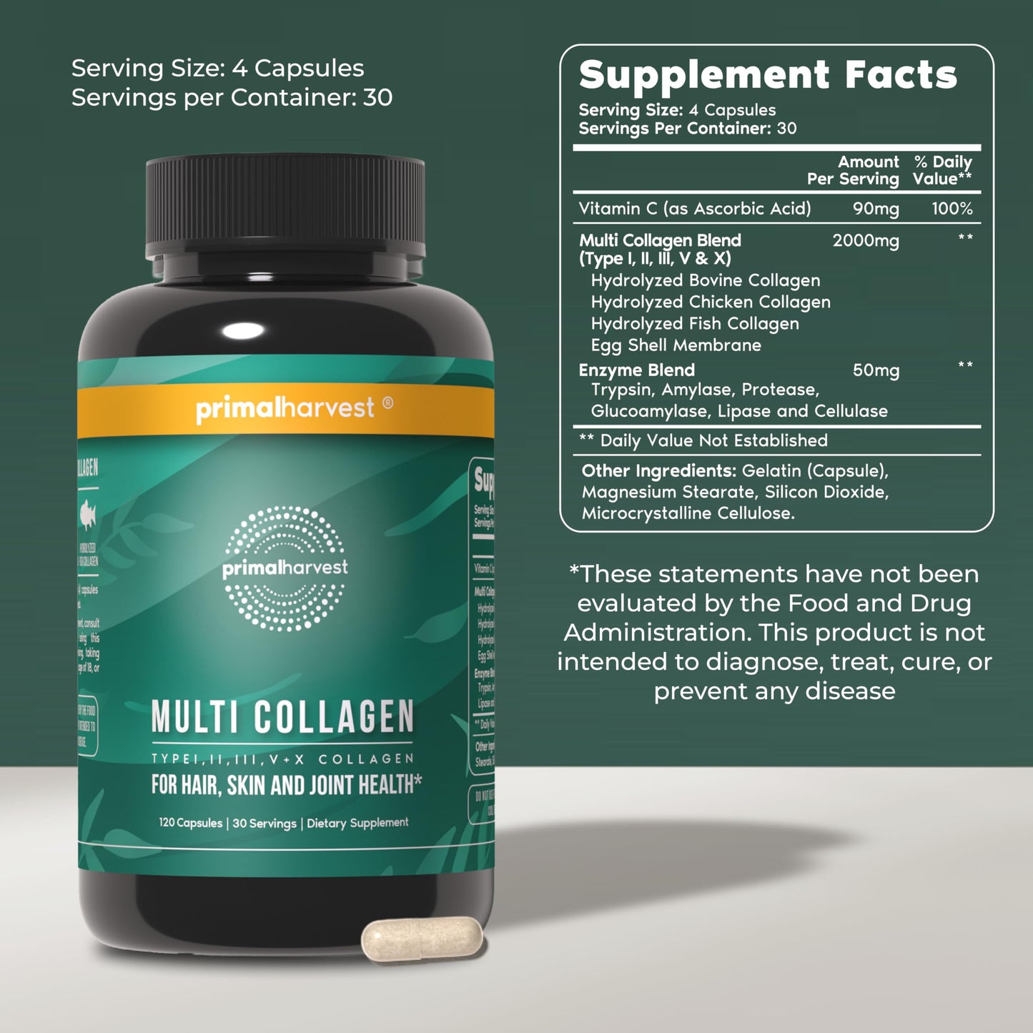Primal Harvest Multi Collagen Pills for Women and Men (Type I, II, III, V, X) Capsules, 240 Count