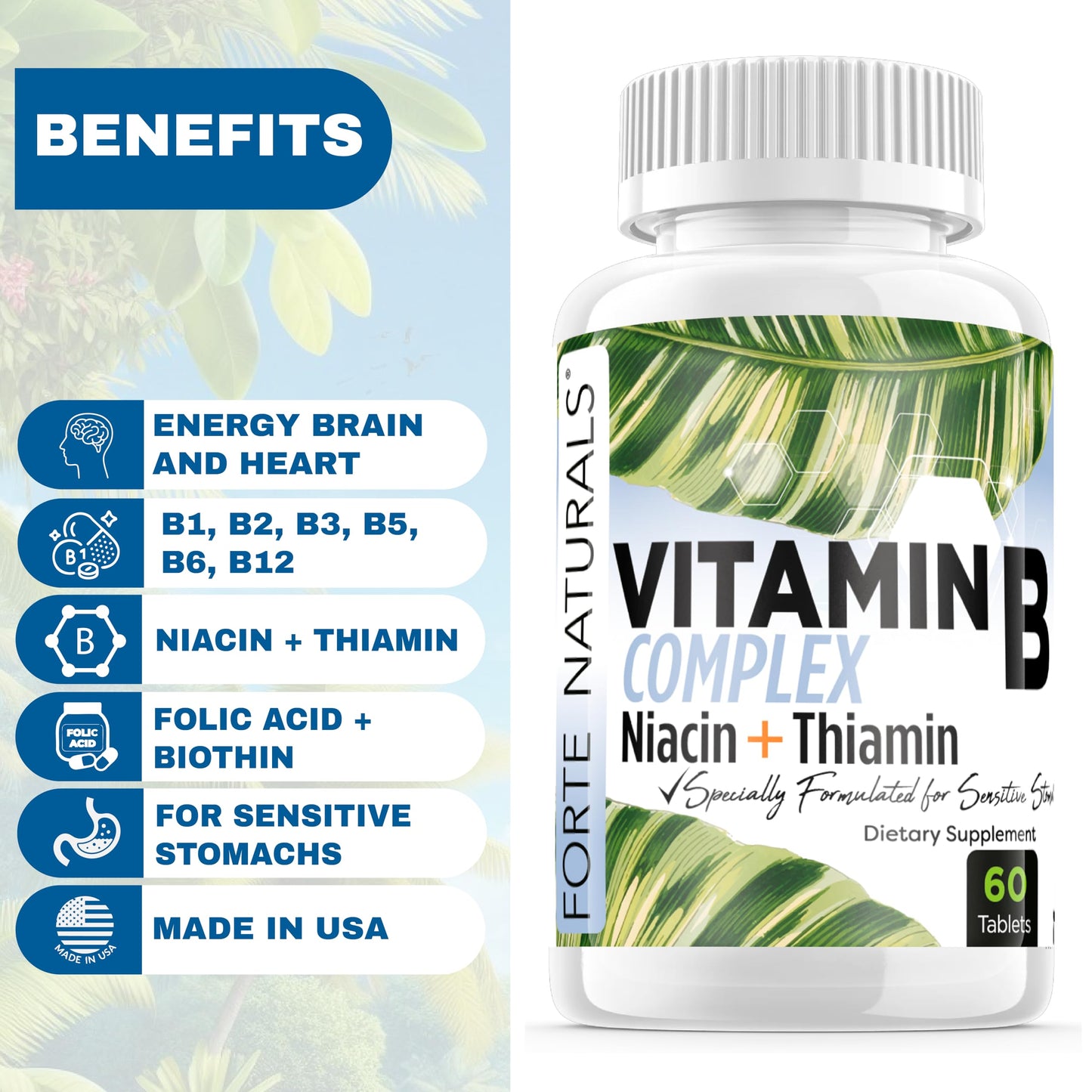 FORTE NATURALS Biotin Vitamin B Complex with B12, Energy & Mood Support, Folic Acid, Prenatal & Postnatal, Tablets, 60 Count