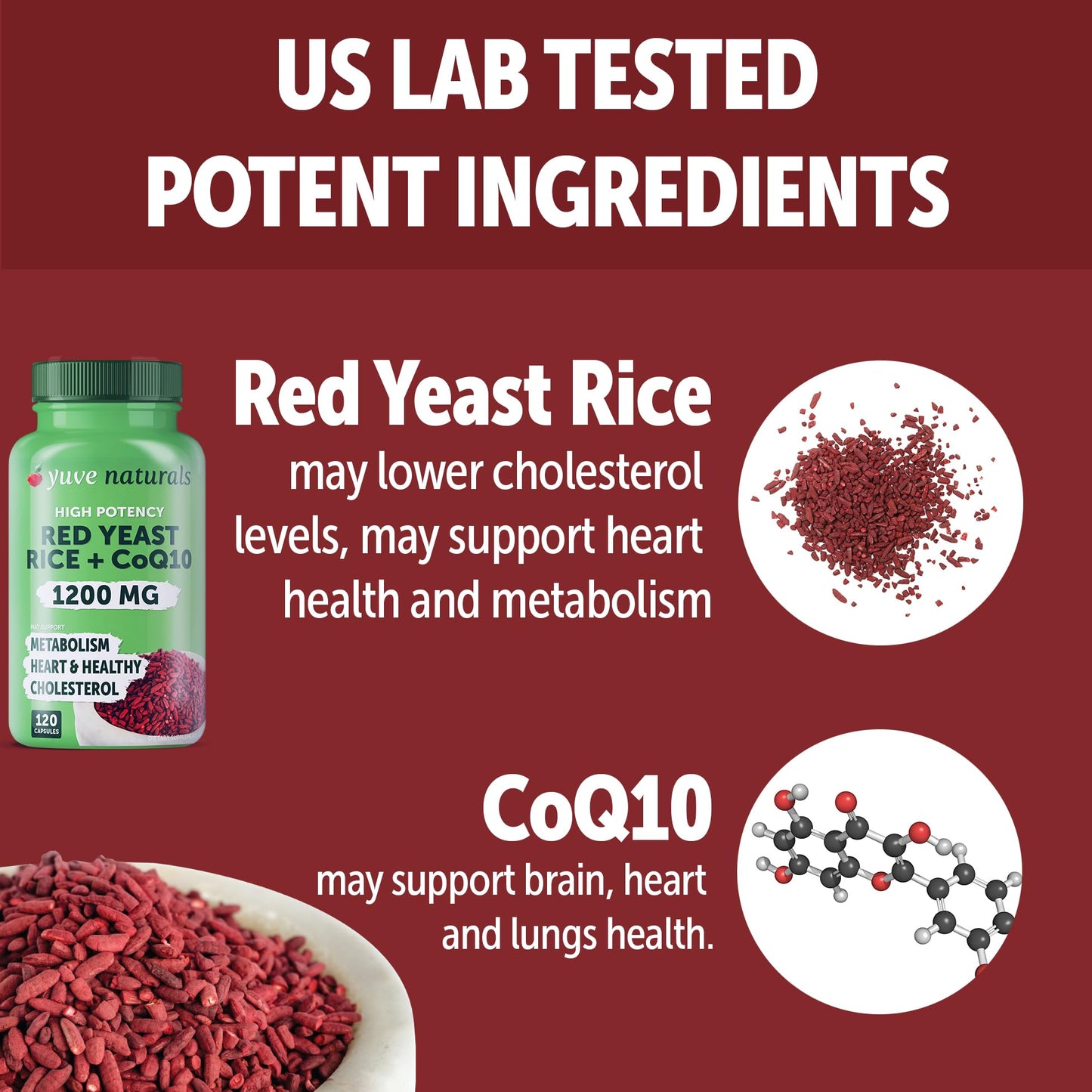 Yuve Red Yeast Rice 1200 mg with CoQ10 100 mg, 2-in-1 Capsule, 240 Capsules