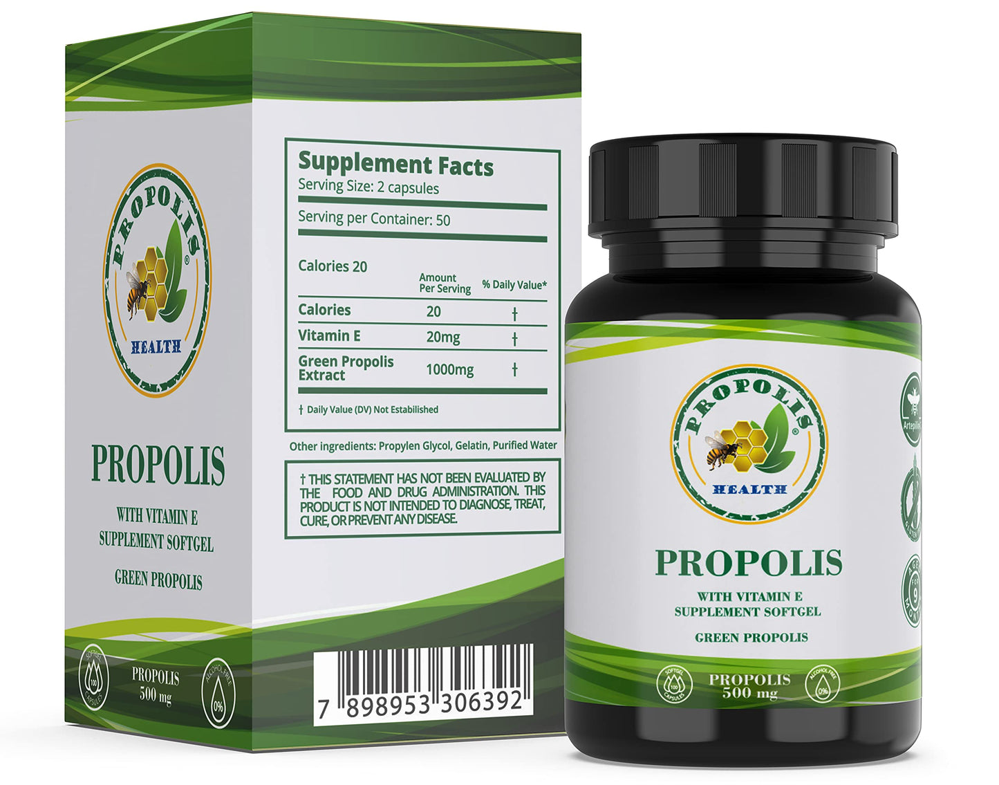 Propolis Health Propolis Capsules 1000mg with Vitamin E, Pure Brazilian Green Propolis Extract, Immune Booster, 100 Capsules