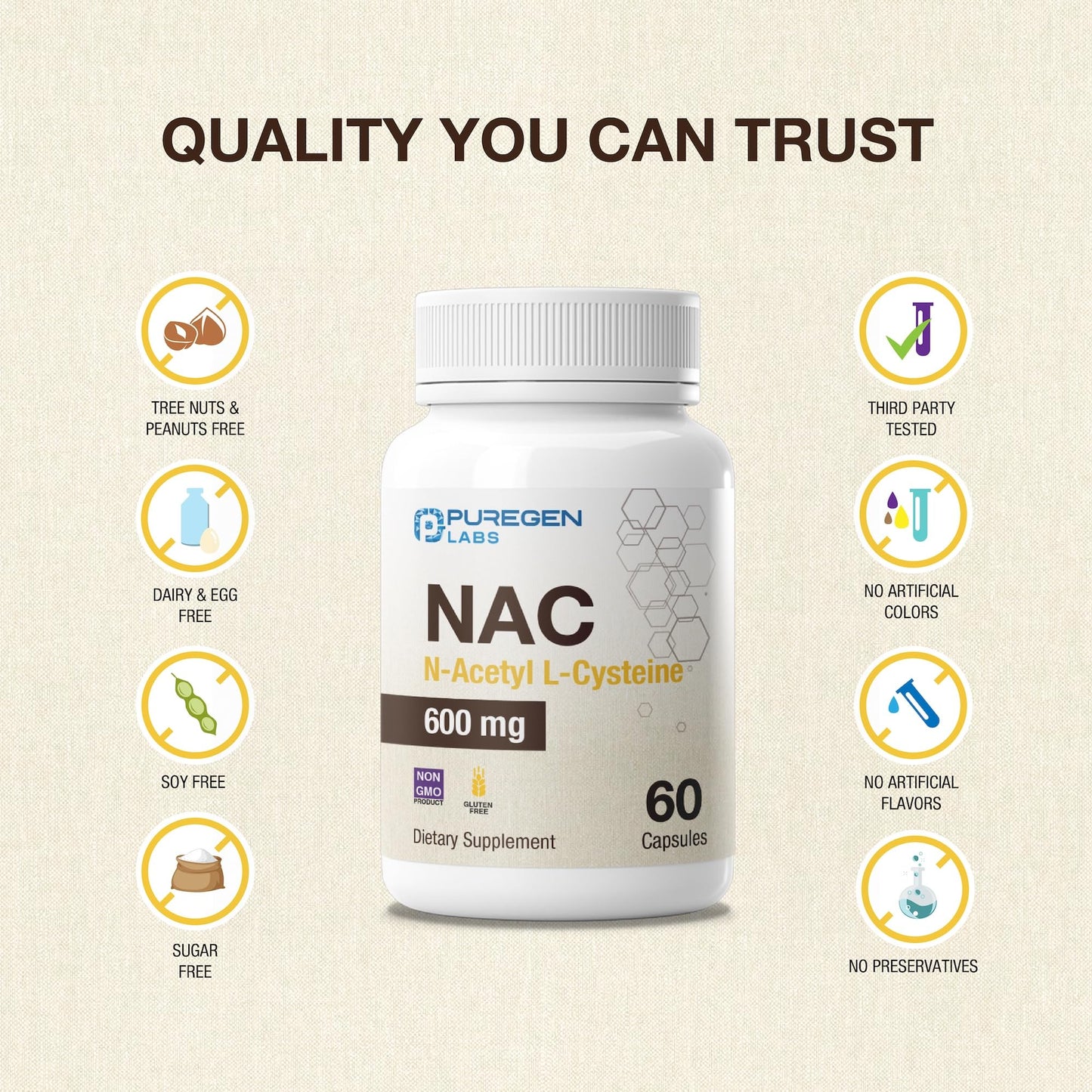 P Puregen Labs N-Acetyl-L-Cysteine (NAC) 600mg Vegetarian Capsules 120