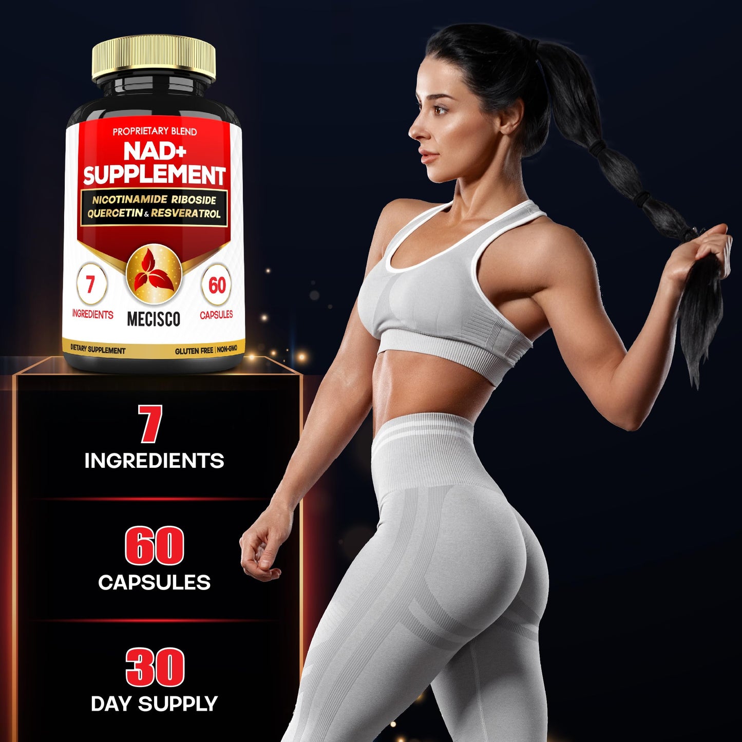 Mecisco NAD+ Supplement with Nicotinamide Riboside, Quercetin, Resveratrol, Turmeric, Rhodiola Rosea, Astragalus 60 Capsules