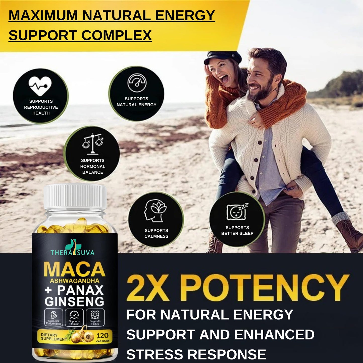 TheraSuva 3 in 1 Ashwagandha + Maca Root + Panax Ginseng Softgels, 120