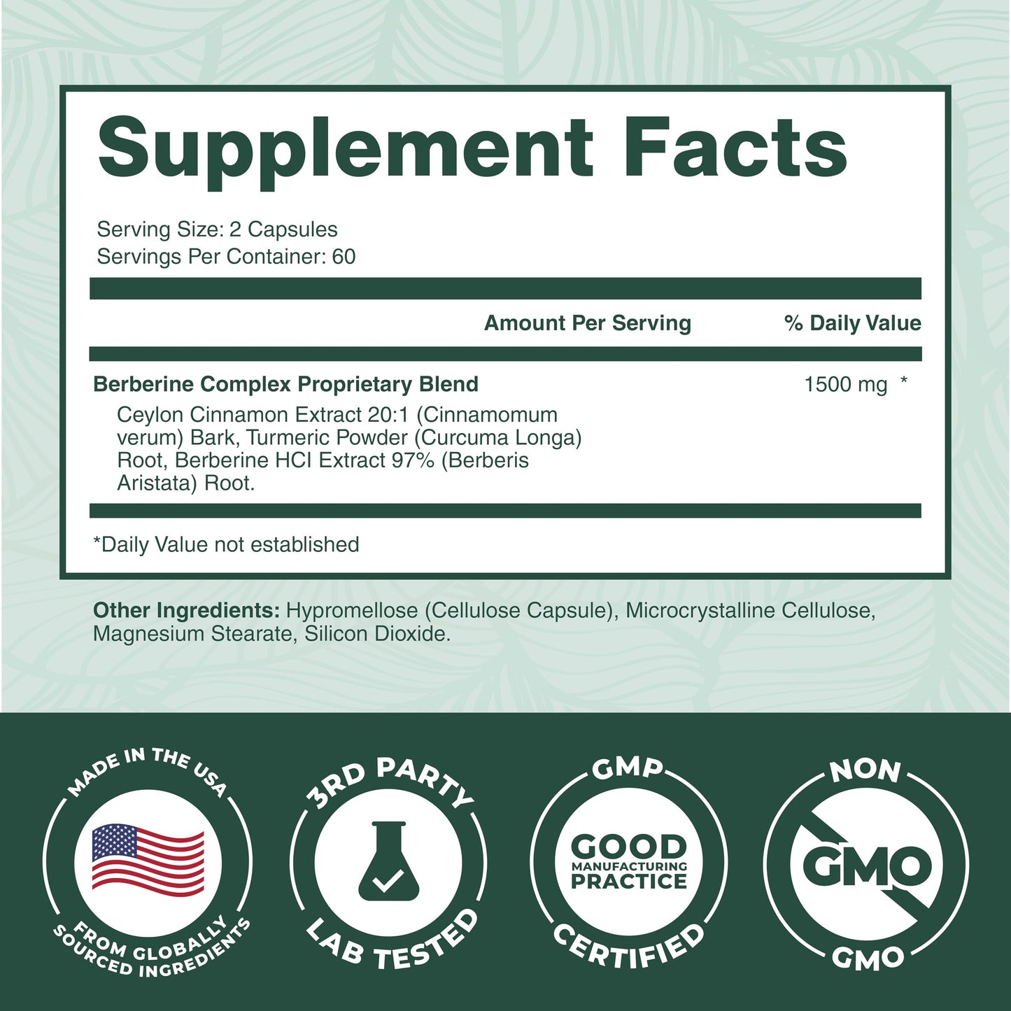 PurePremium Supplements Berberine with Ceylon Cinnamon Complex Capsules, 120 Count