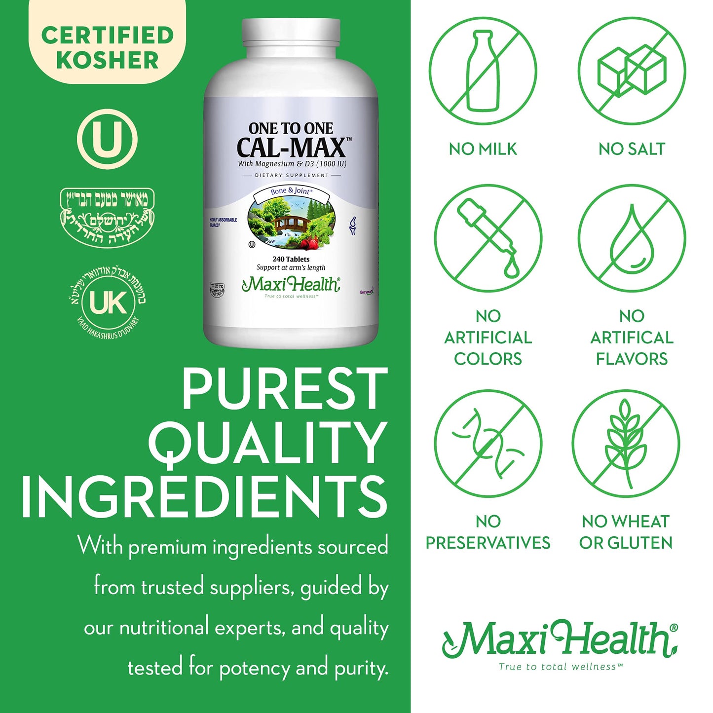 Maxi Health Calcium Supplement with Vitamin D3 and Magnesium 240 Tablets