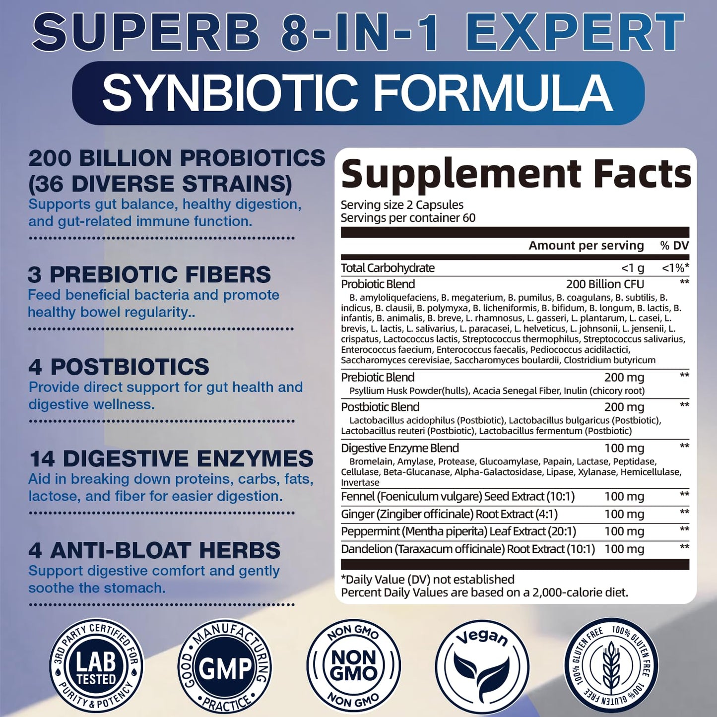 Femmetra Ultra Probiotics for Women & Men 200 Billion CFU - 36 Strains, 14 Digestive Enzymes, 4 Anti-Bloat Herbs, 3 Prebiotic Fibers & 4 Postbiotics, Vegan, Capsules, 120 Count