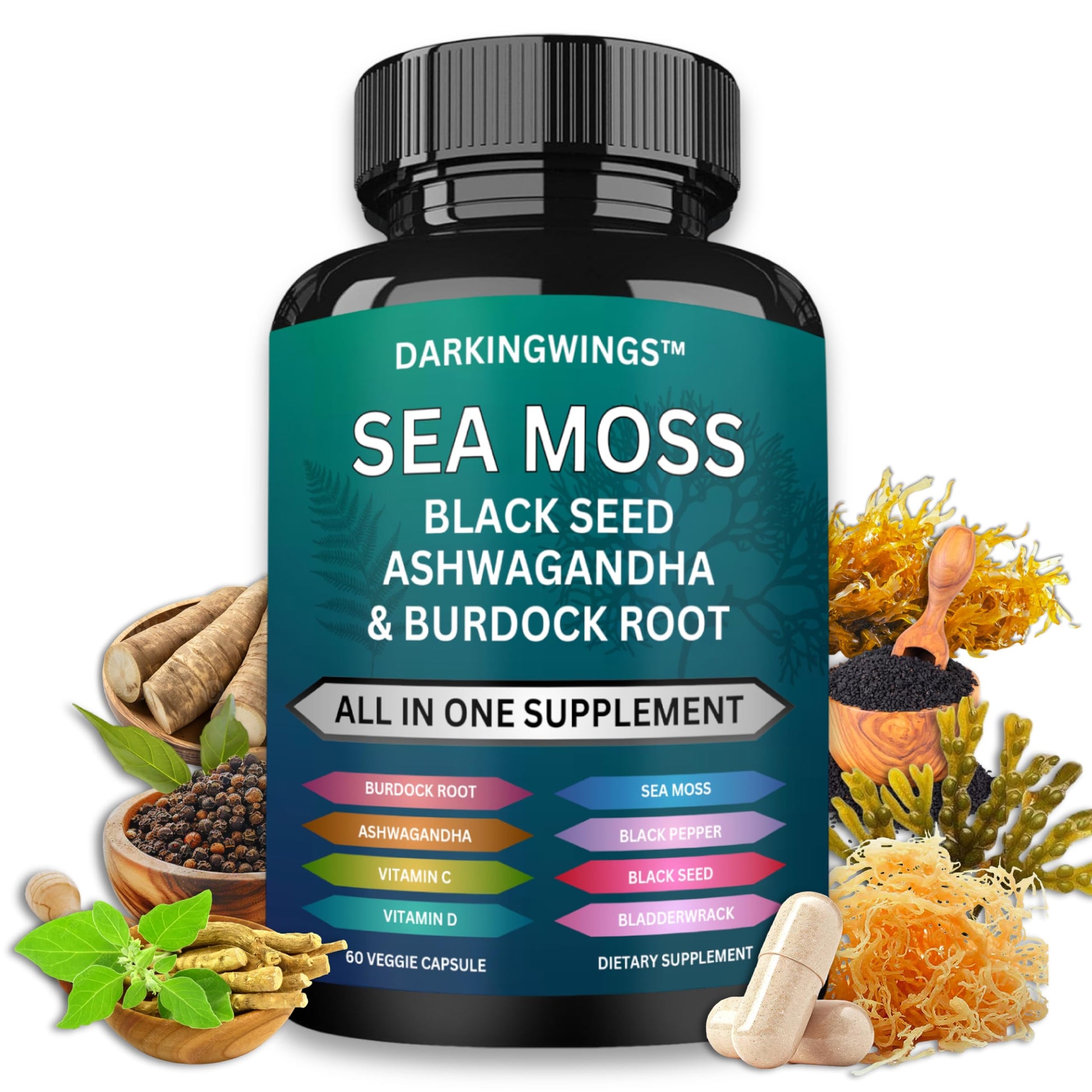 Darkingwings Organic Sea Moss Black Seed Oil Capsules 60 Count