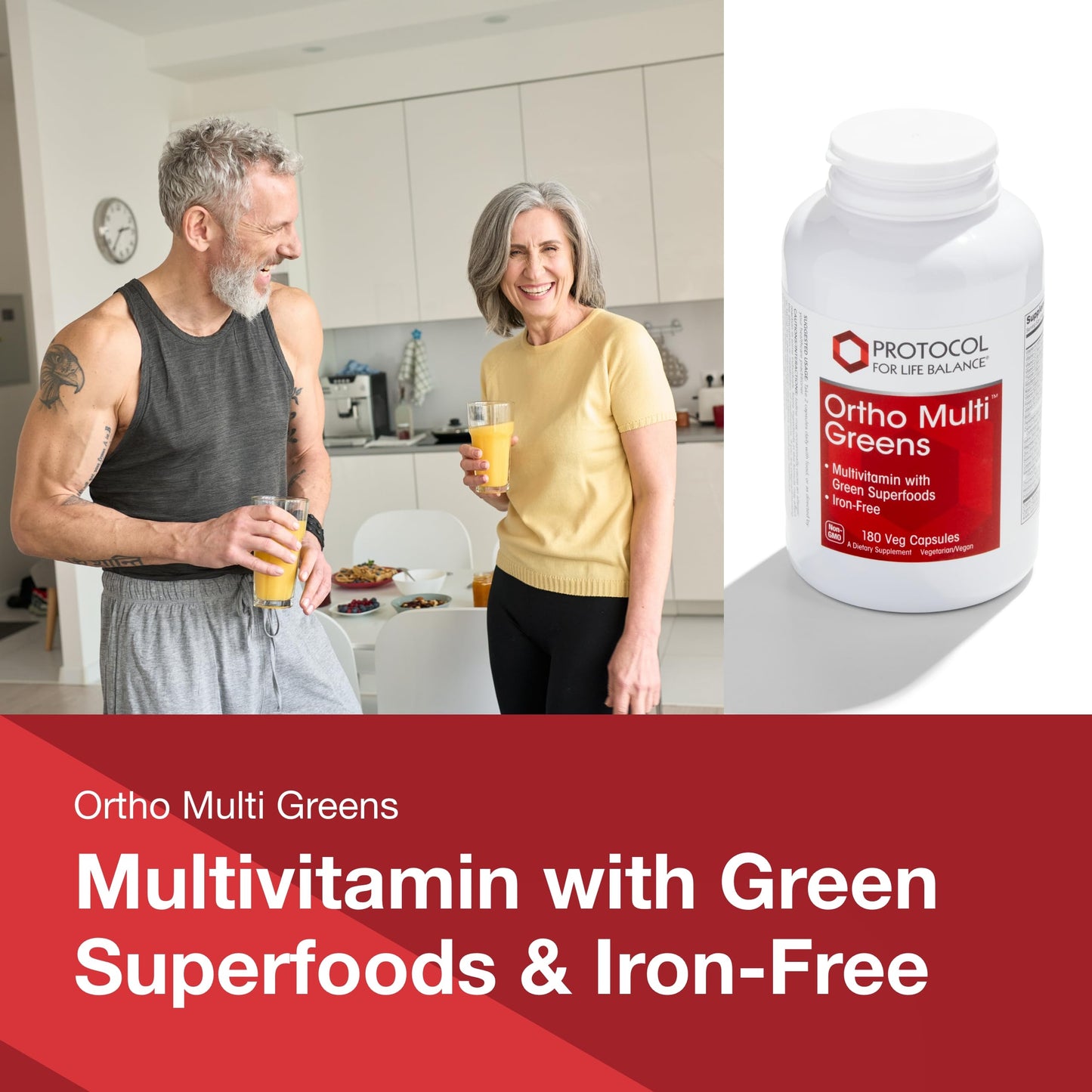 Protocol for Life Balance Ortho Multi Greens Multivitamin with Green Superfoods, with Vitamins C, B6, B12 & More, with Spirulina, Chlorella & Alfalfa, Iron Free, Non-GMO, 180 Veg Caps