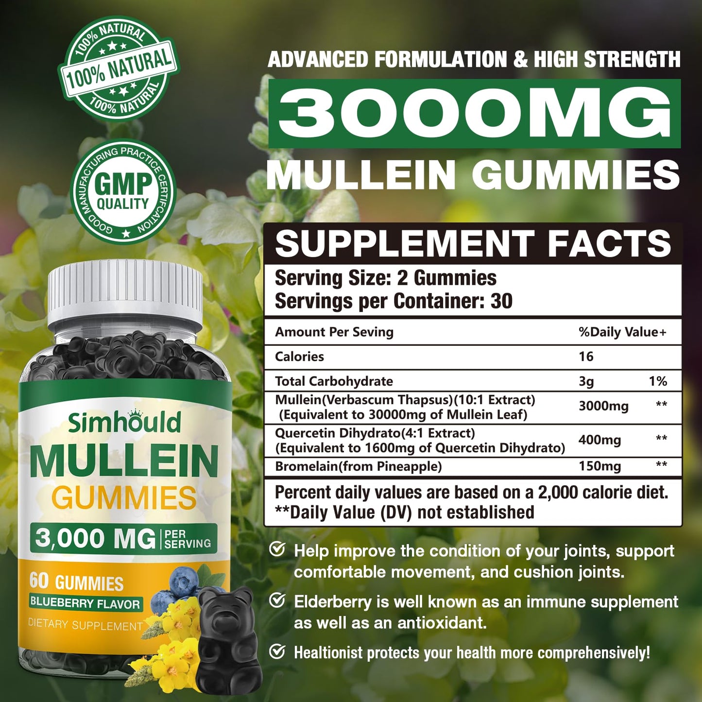 Simhould Mullein Gummies Sugar Free 3000MG Gummy 1 Pack