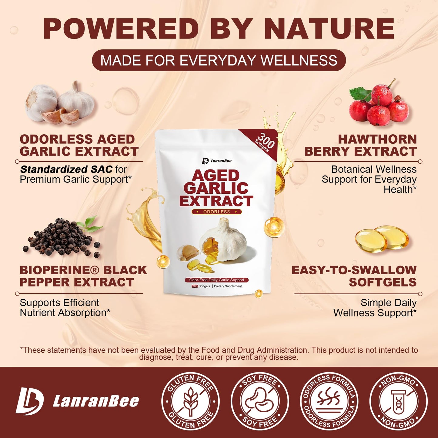 LanranBee Aged Garlic Extract 750mg Capsule, 300 Capsules