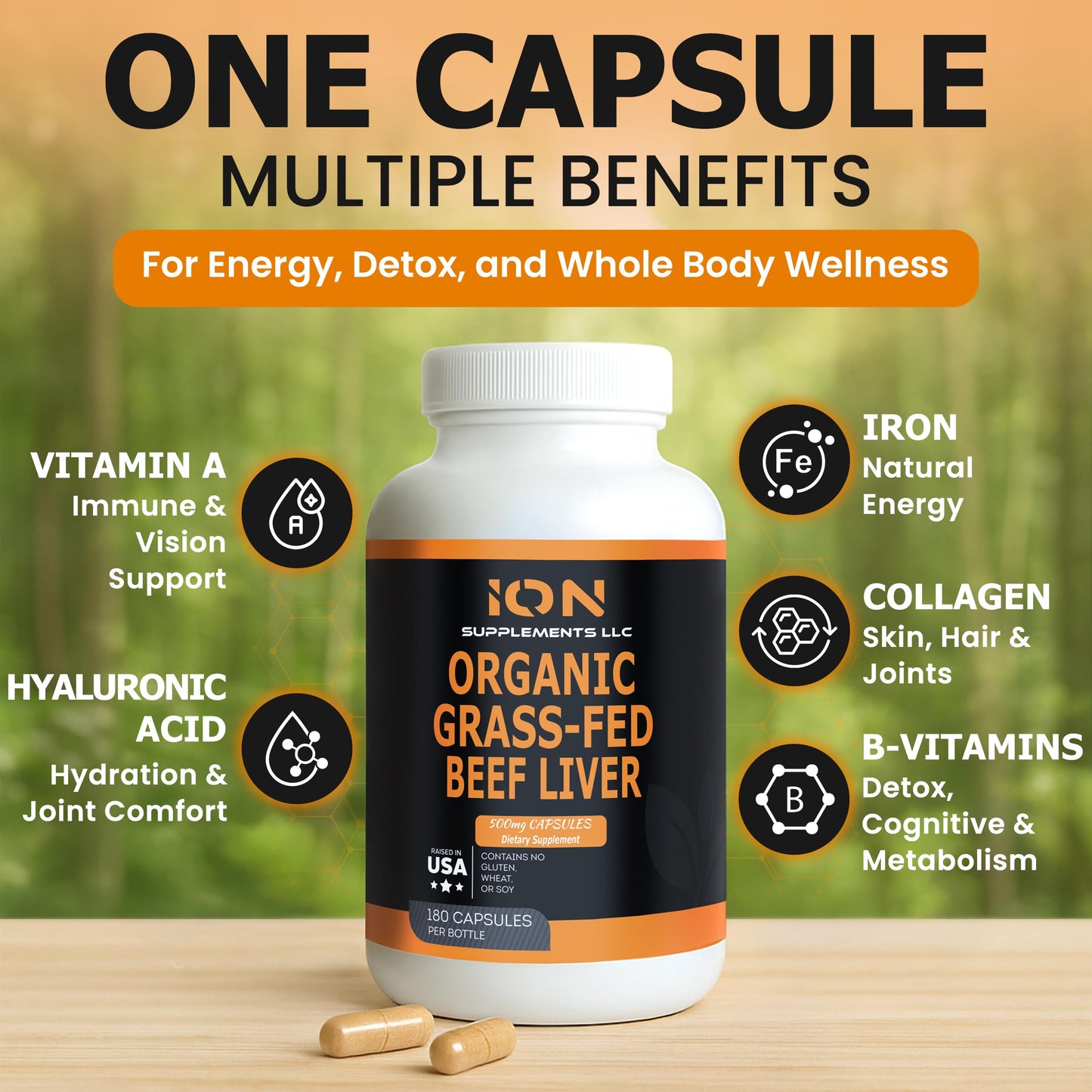 Ion Supplements LLC 100% Organic Grass Fed Beef Liver Capsules, 180 Capsules
