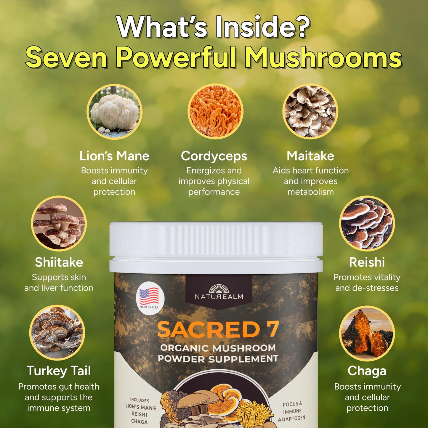 Naturealm Sacred 7 Organic Mushroom Powder Blend, Powder, 8 Ounce