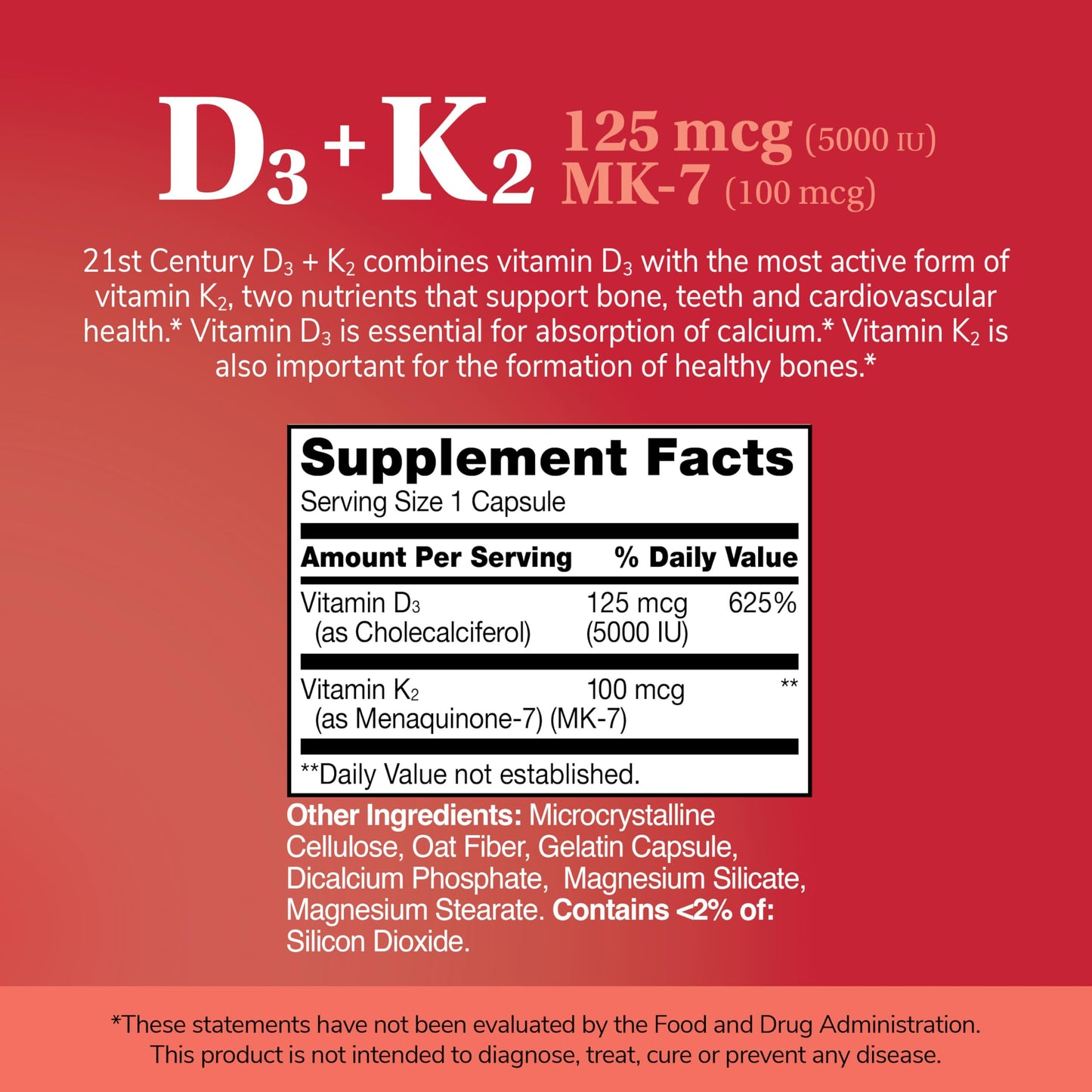 21st Century Vitamin D3 125 mcg (5000 IU) + K2 100 mcg Capsules, 120 Count