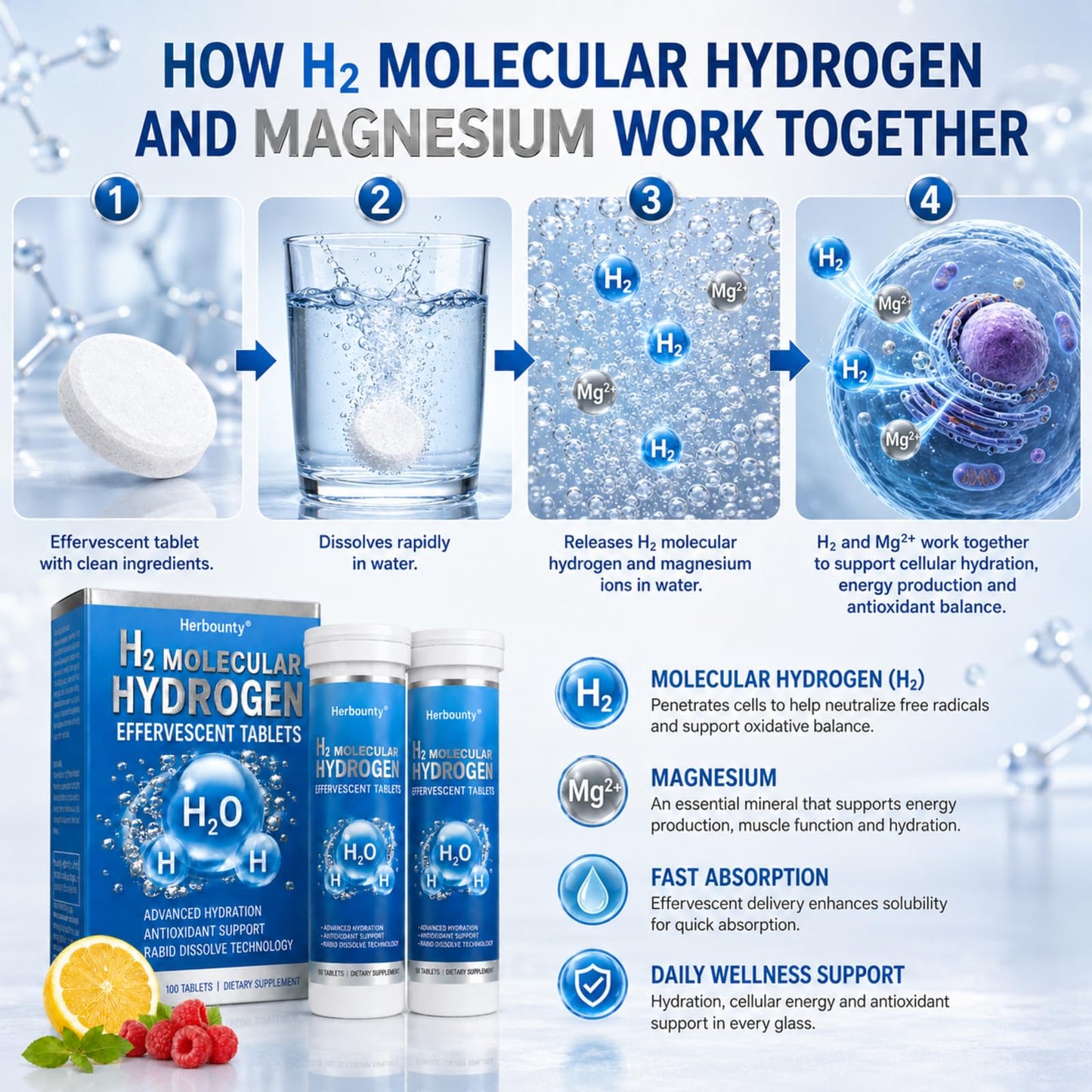 Herbounty H2 Molecular Hydrogen Tablets, 100 Tablets