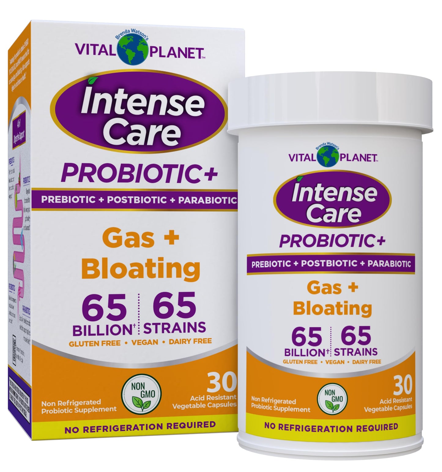Vital Planet Intense Care Gas & Bloating Probiotics Plus Organic Prebiotics, Postbiotics, Parabiotics, Complete 4-in-1 Supplement for Adults, 65 Billion CFU, 65 Strains, Digestive and Immune, Capsule, 30 Count