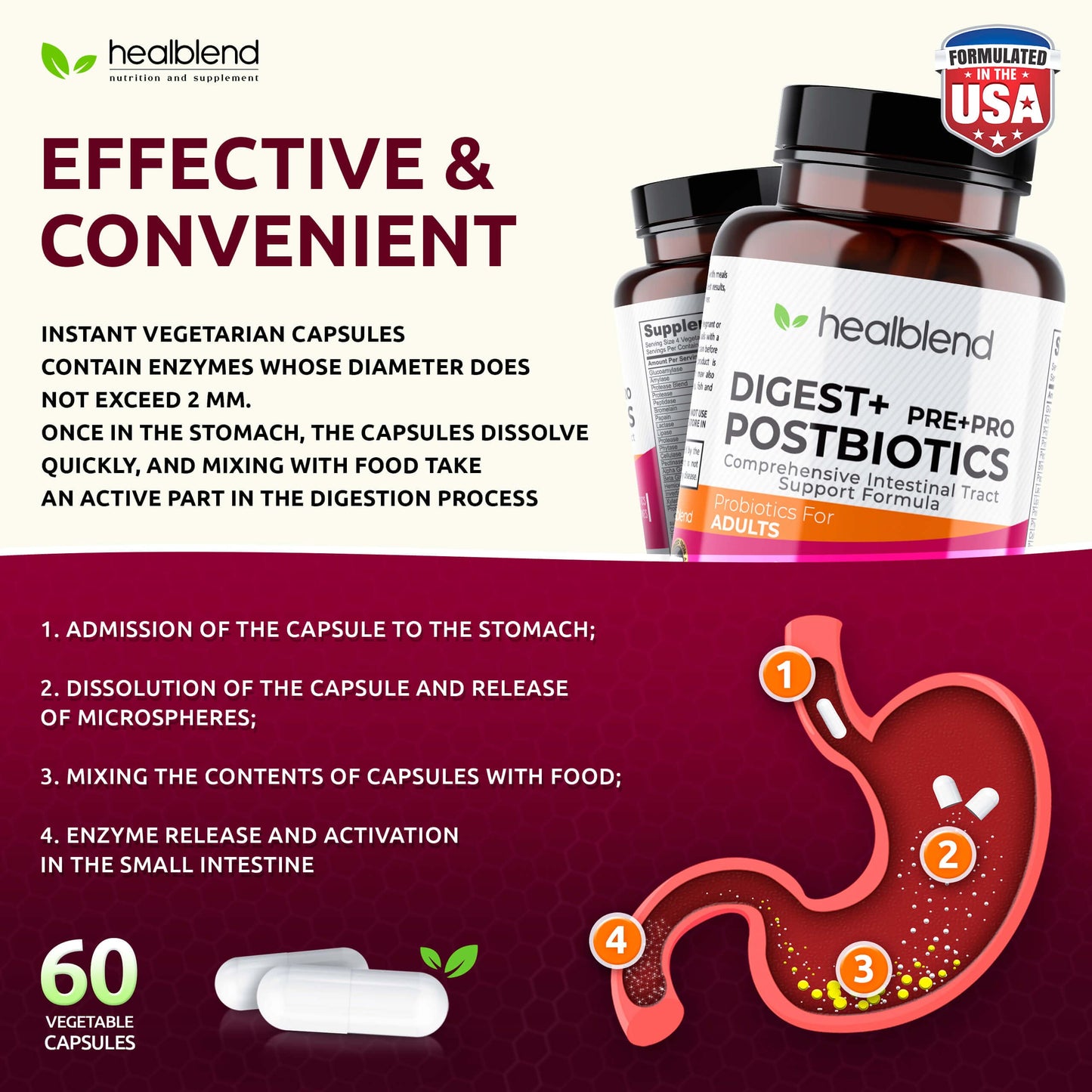 Healblend Digest + Postbiotics Supplement for Women and Men, Multi Enzymes, Organic Prebiotic & Probiotic for Digestive Health with Bromeline, Papin and Lipase, 60 Vegetarian Capsules