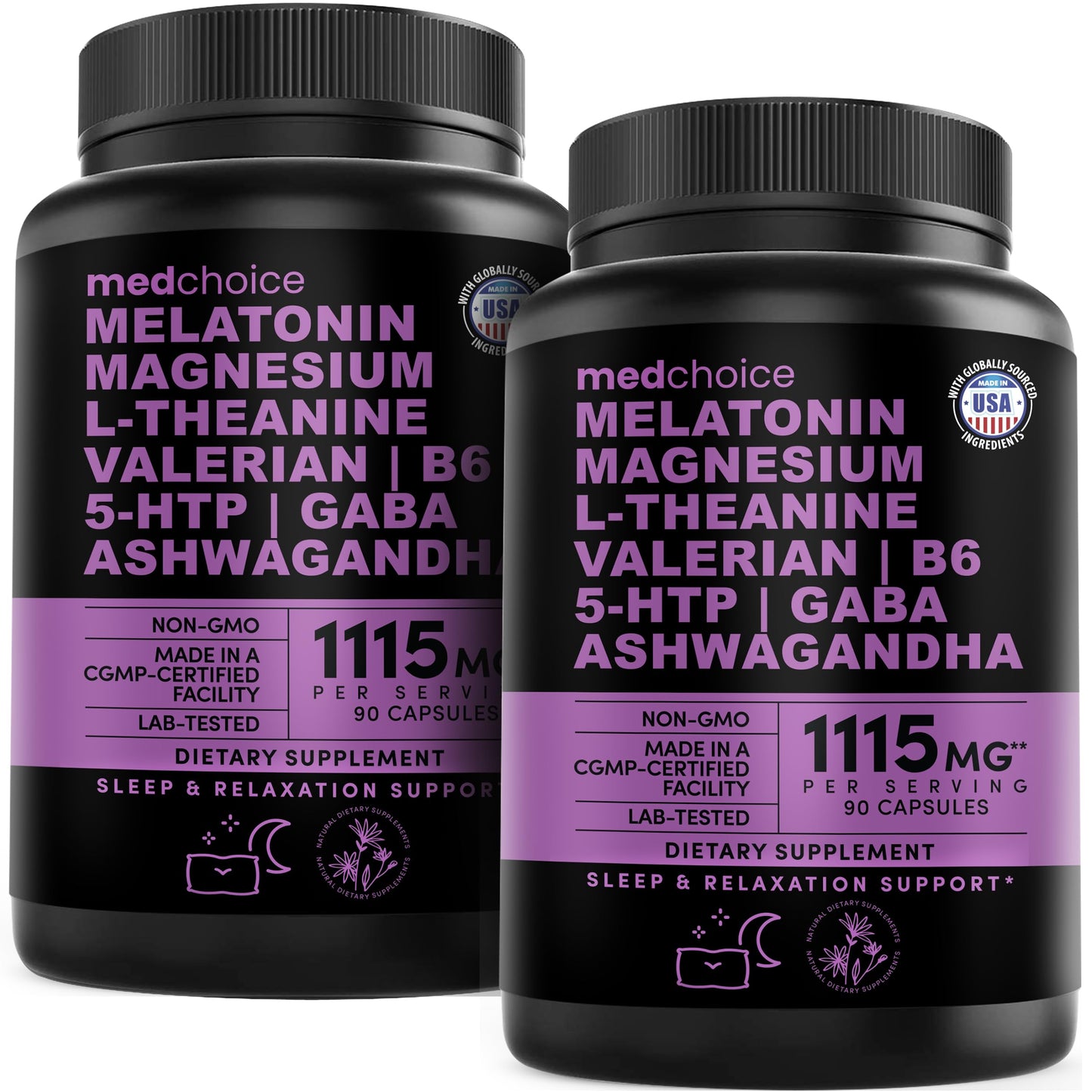 MEDCHOICE 12-in-1 Melatonin Sleep Capsules with 5 mg Melatonin and 500 mg Magnesium Glycinate, Ashwagandha, L-Theanine, Valerian Root, GABA, 5-HTP - 180 Capsules