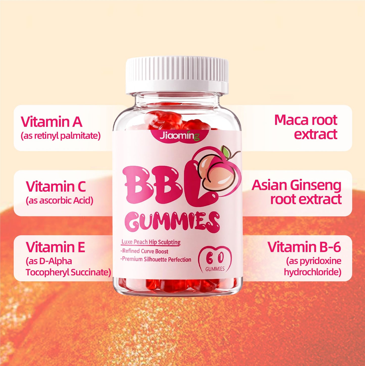 Jiaoming BBL Gummies for Bigger Butt Growth and Hips, Berry Flavor, 60 Gummies