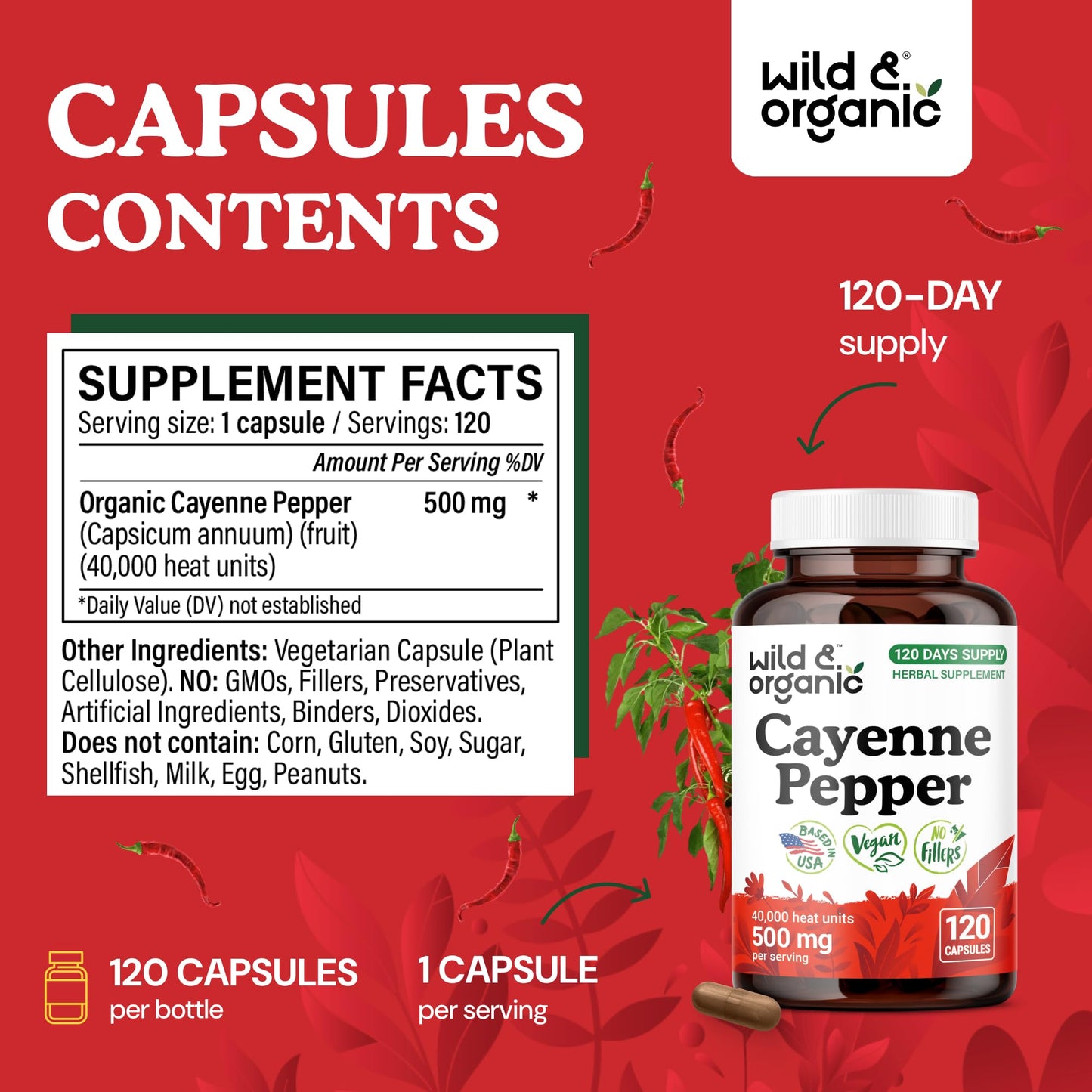 Wild & Organic Cayenne Pepper Capsules 500 mg Digestive Support Pure Cayenne Pepper Extract Capsaicin Supplements Vegan No Fillers Non-GMO, 120 Capsules