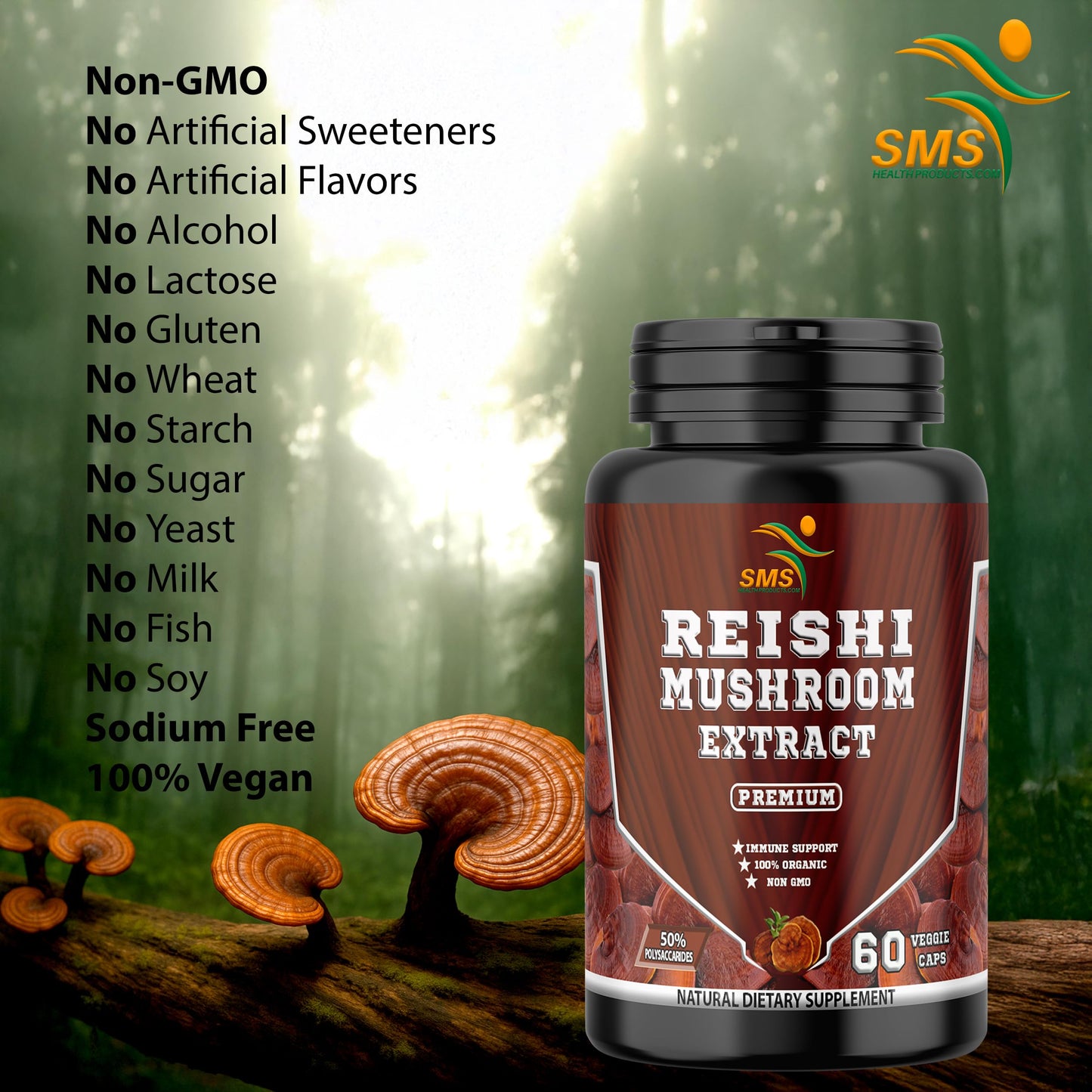 SMSHEALTHPRODUCTS.com Reishi Mushroom Extract 20:1 Ganoderma Lucidum 1000mg Per Serving Capsules, 60 Count