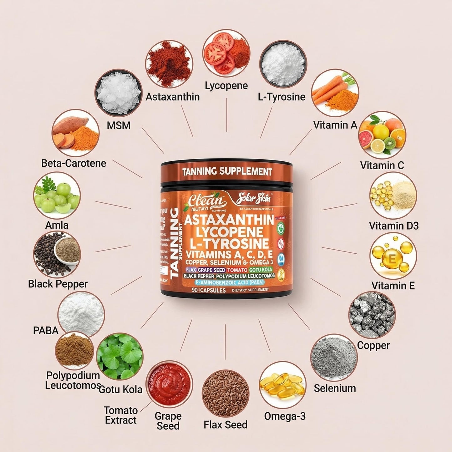 Clean Nutraceuticals Solar Skin Astaxanthin Tanning Supplement Capsules, 90 Capsules
