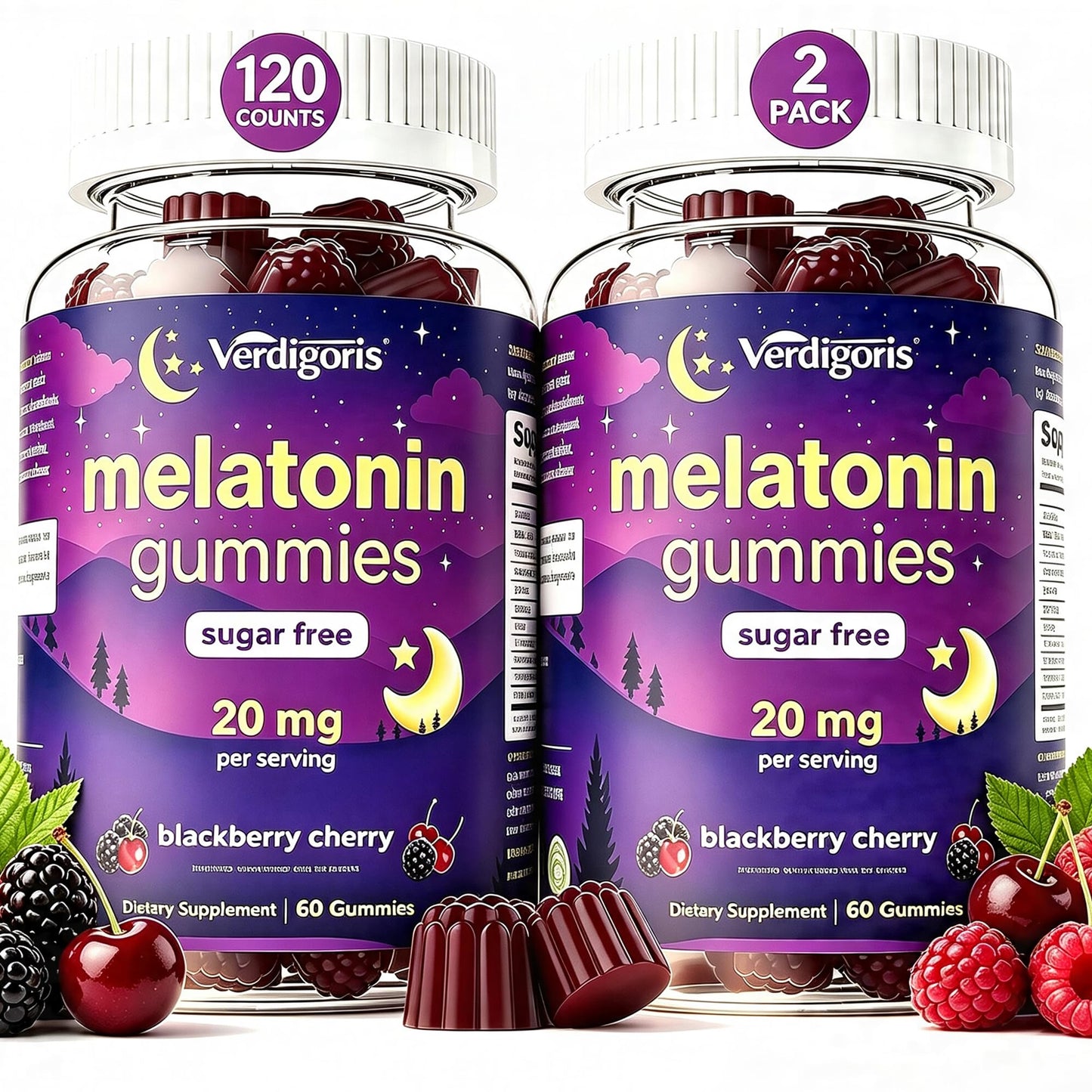 Verdigoris Sugar Free Melatonin Gummies 20mg for Adults - Sleep Support with GABA, L-Theanine, Chamomile & Passionflower - 0g Sugar, Vegan, Non-GMO, BlackBerry Cherry Flavor, 120 Count