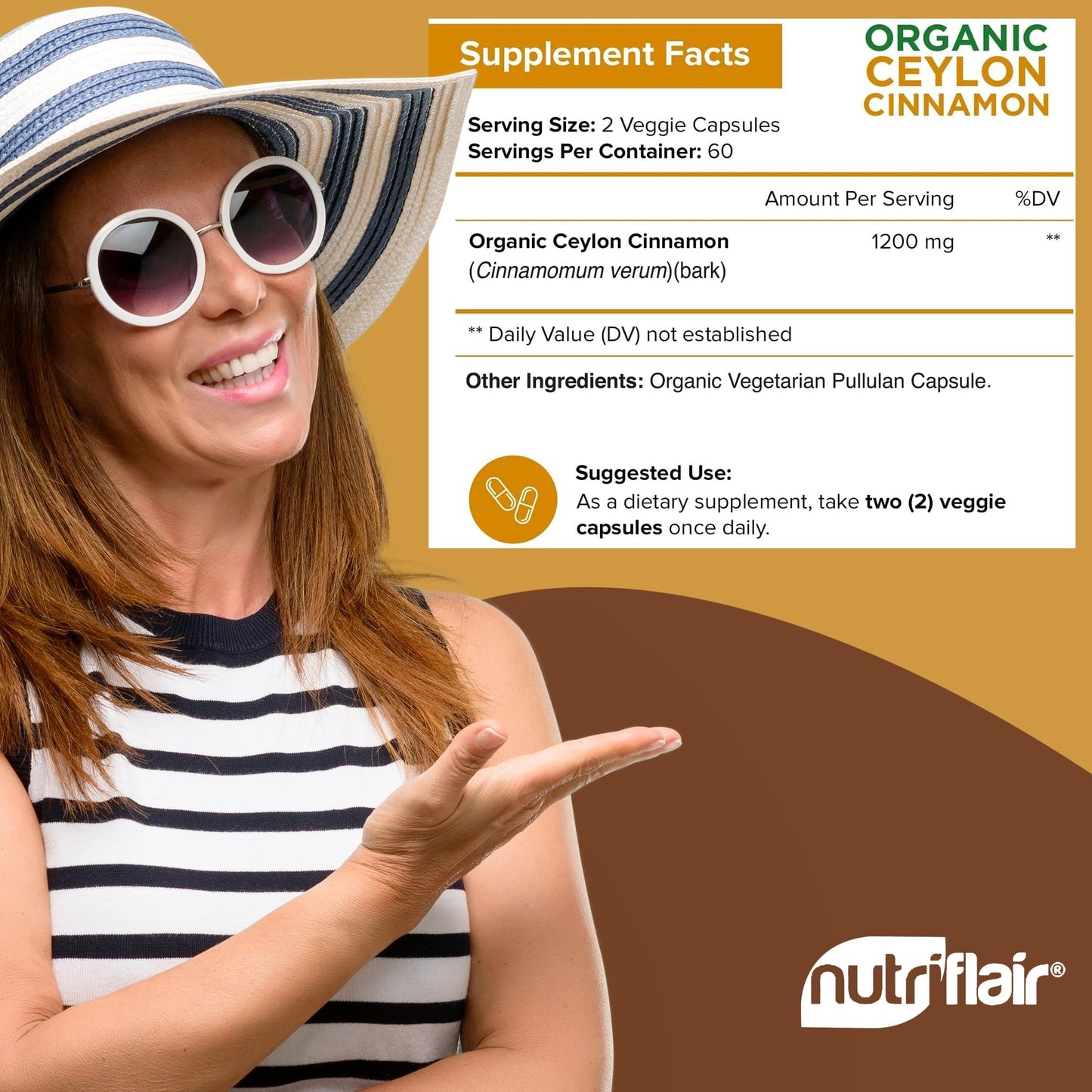 NutriFlair Organic Ceylon Cinnamon Supplement 1200mg Capsules 120 Count