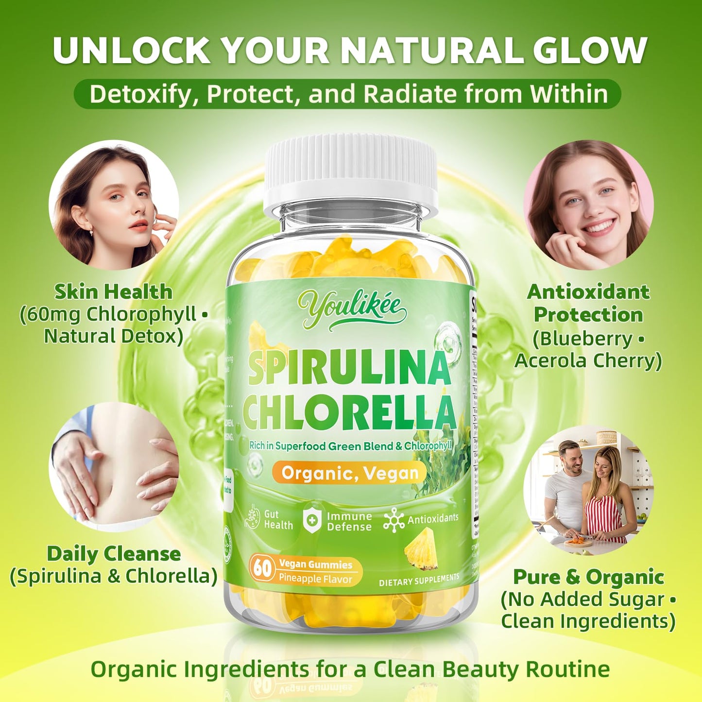 Youlikee Spirulina Chlorella Gummies 120 Gummies