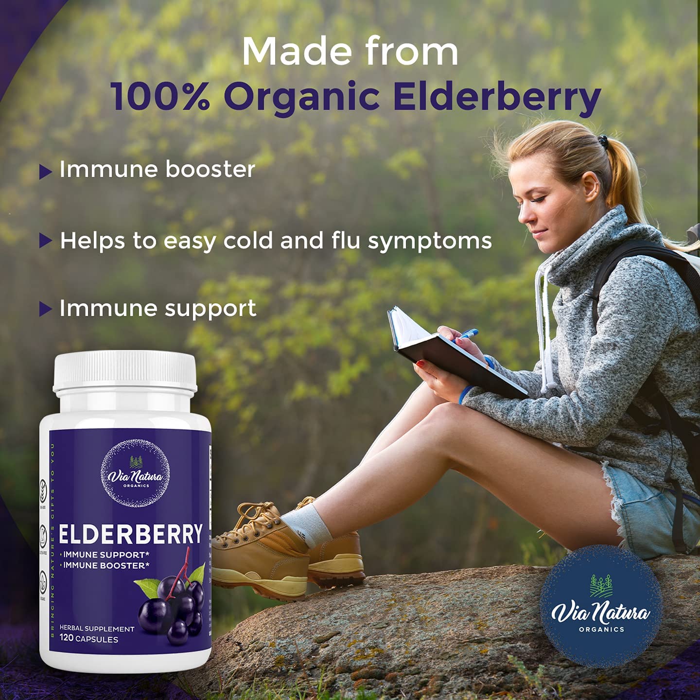 Via Natura Organics Elderberry 1000mg, 120 Capsules