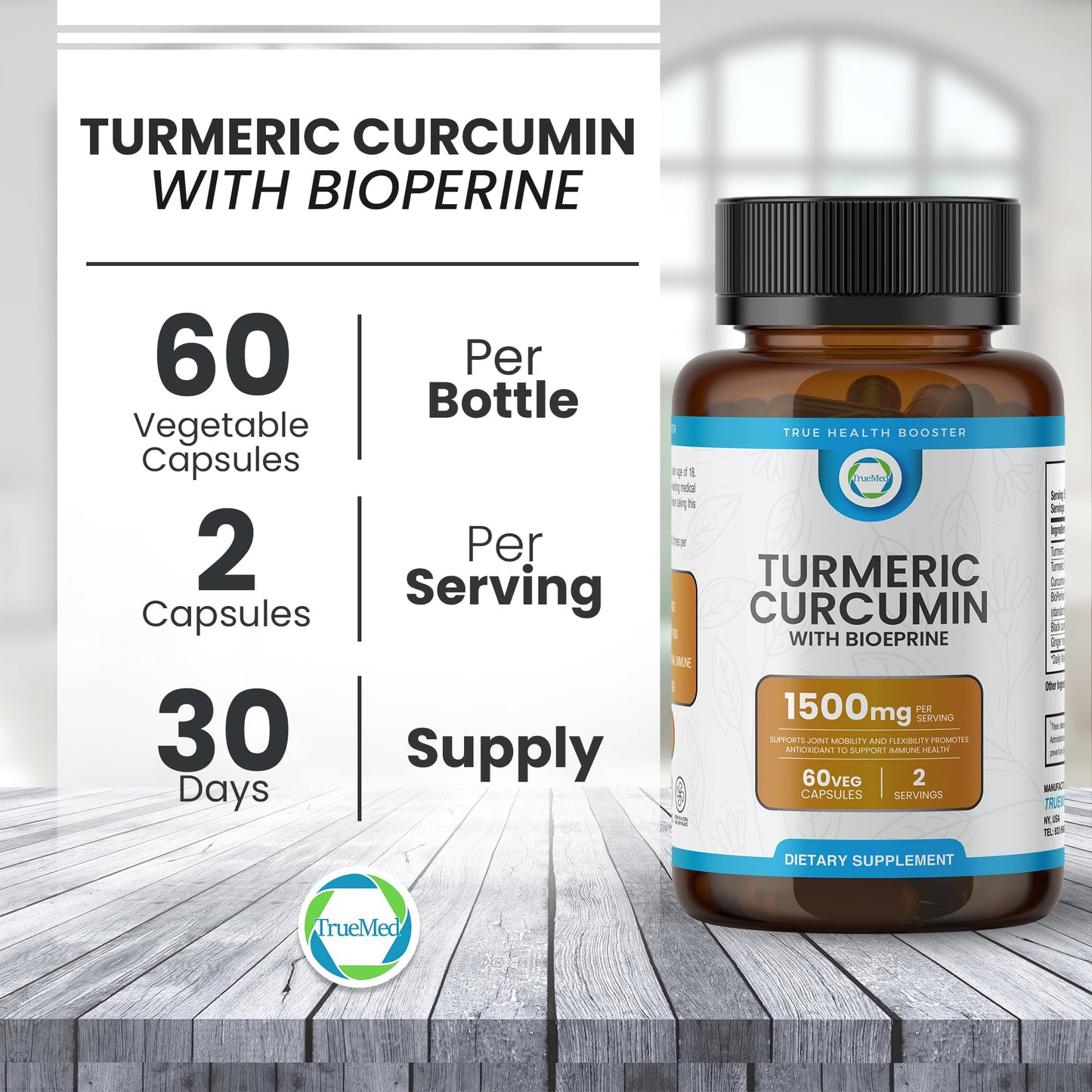 TRUEMED Turmeric Curcumin with BioPerine 1500mg, 60 Capsules