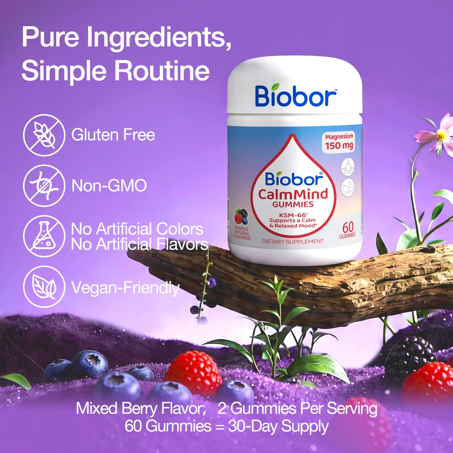 Biobor CalmMind Magnesium Gummies with Ashwagandha, 60 Gummies