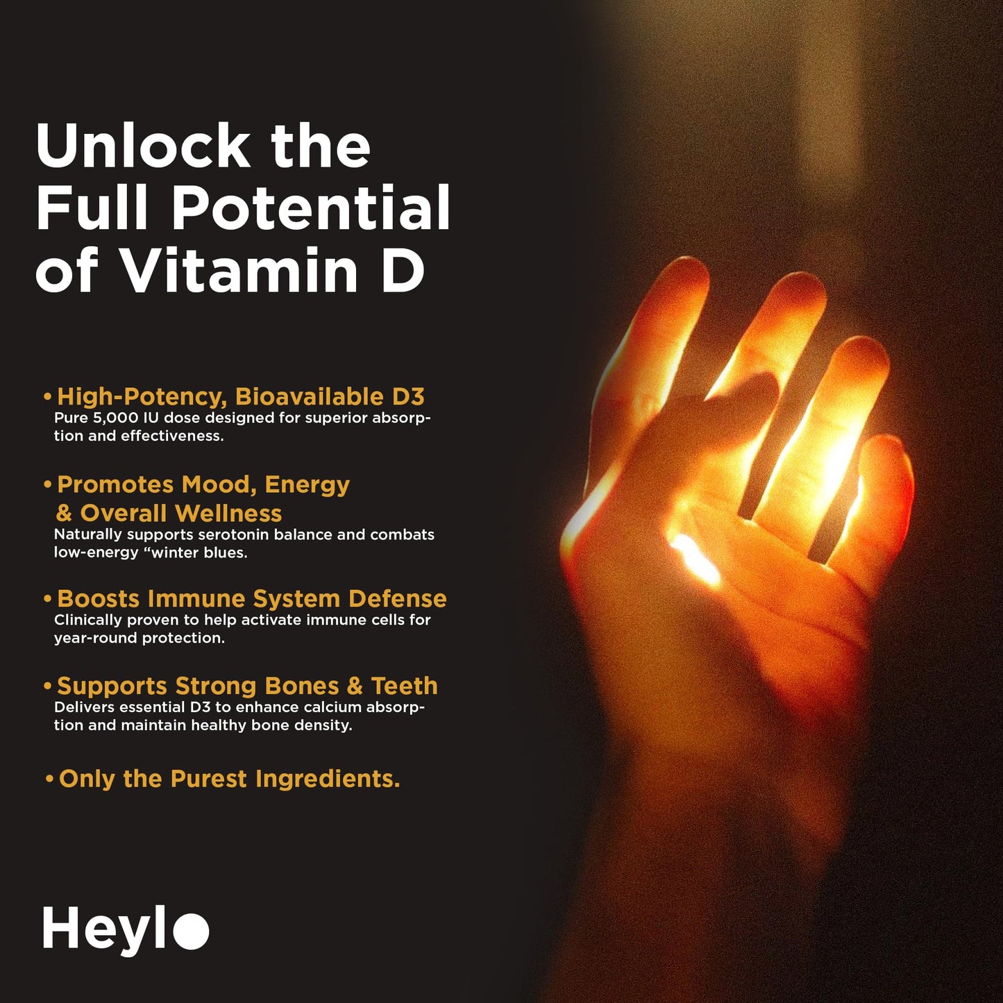 Heylo Health Vitamin D3 5000 IU (125 mcg) – High-Potency Vitamin D Supplement for Immune Support, Bone Strength & Mood – 60 Capsules