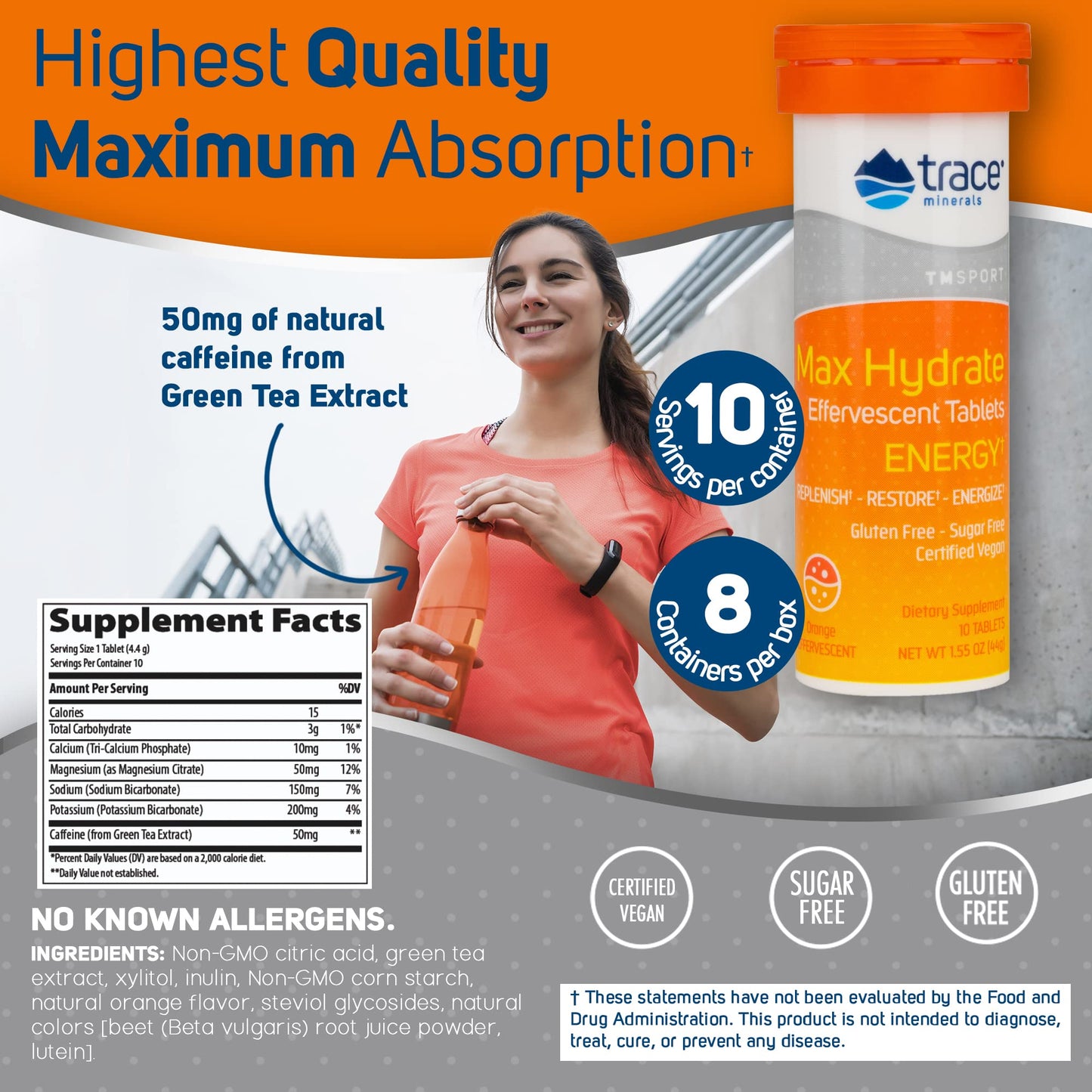 Trace Minerals Max-Hydrate Energy Electrolyte Tablets, Orange Flavor, 8 Count
