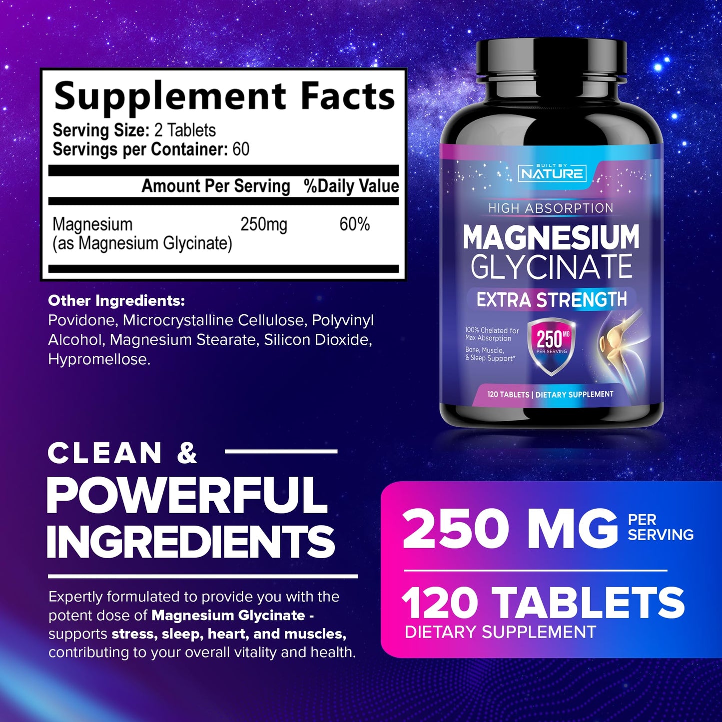 Built by Nature Magnesium Glycinate 250mg Tablet, 120 Tablets