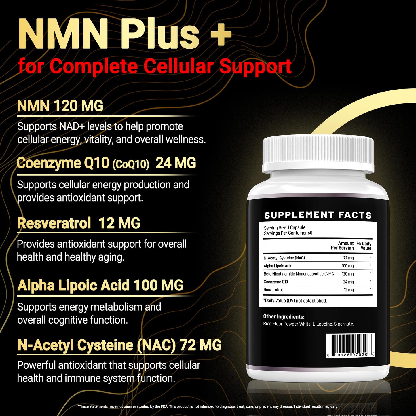 I LOVE HEALTH NMN Complex Plus+ for Women & Men with NAC, Alpha Lipoic Acid, CoQ10 & Resveratrol – 5-in-1 Cellular Energy & Healthy Aging Support, 60 Capsules
