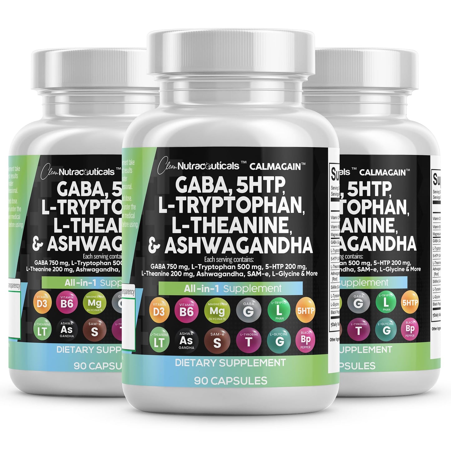 Clean Nutraceuticals GABA 750mg 5-HTP 200mg L-Tryptophan 500mg L-Theanine 200mg Ashwagandha SAM-e L-Glycine Mood Support Capsules, 90 Capsules