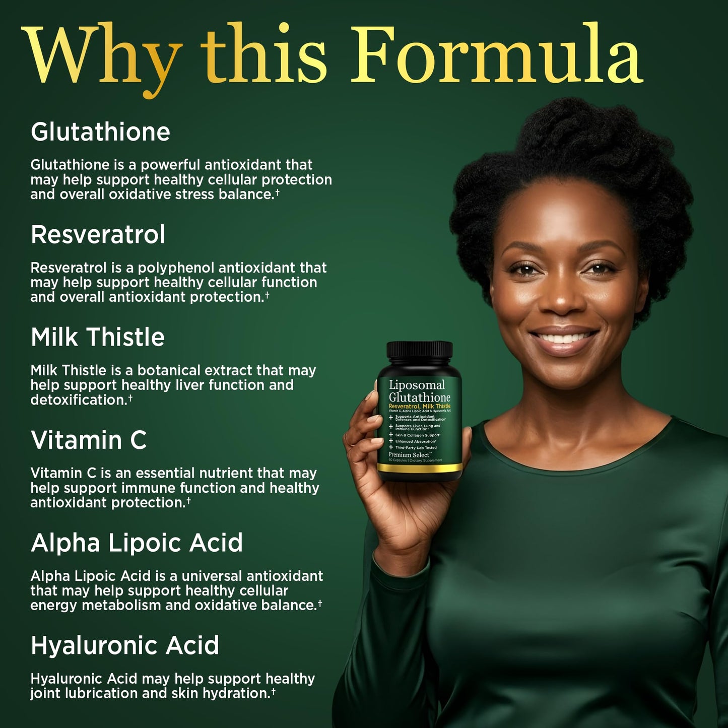 Premium Select Nutrition Liposomal Glutathione Capsules with Resveratrol & Milk Thistle Supplement for Men and Women - L-Glutathione, 60 Capsules