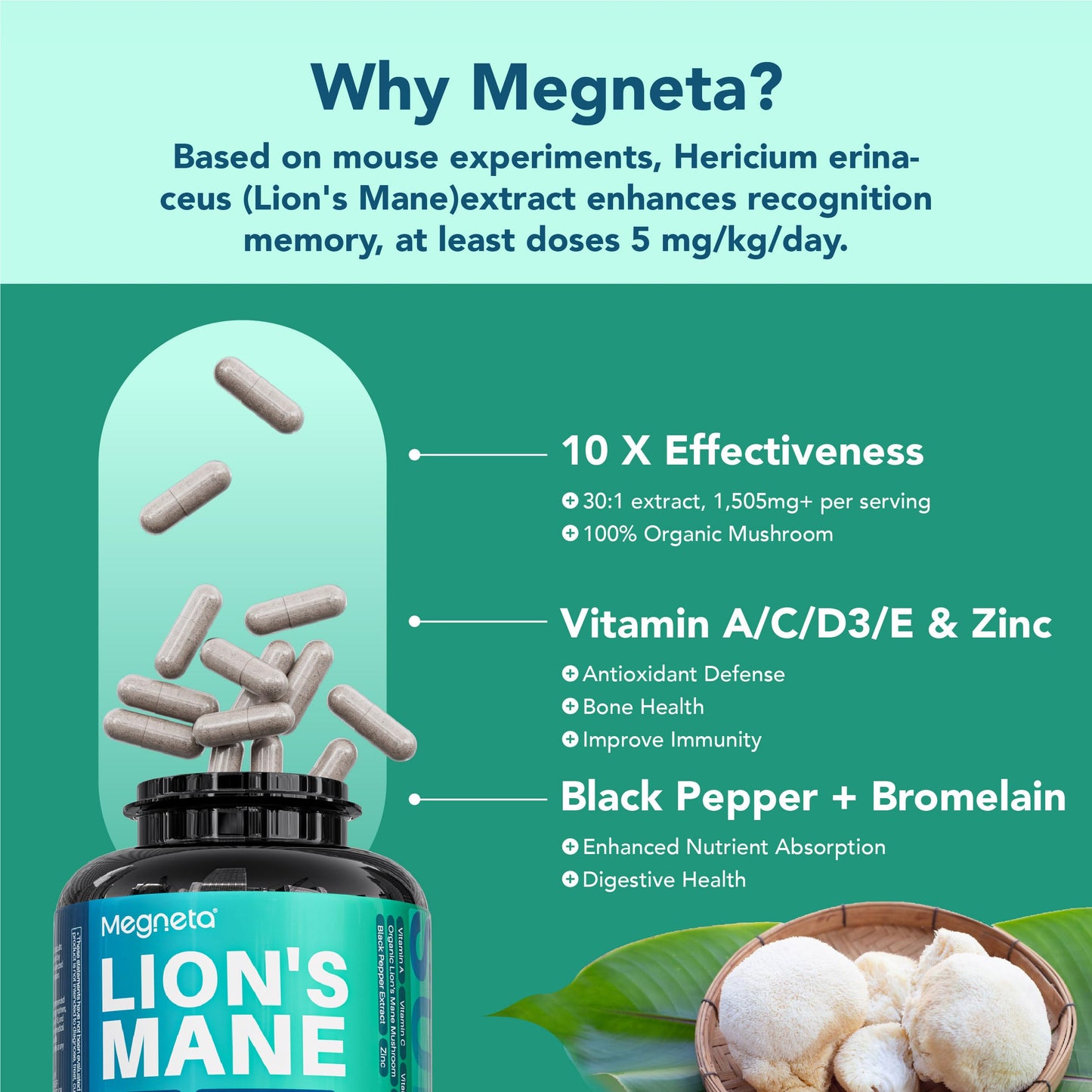 MEGNETA Lion's Mane Extract with Black Pepper Capsule, 120 Count