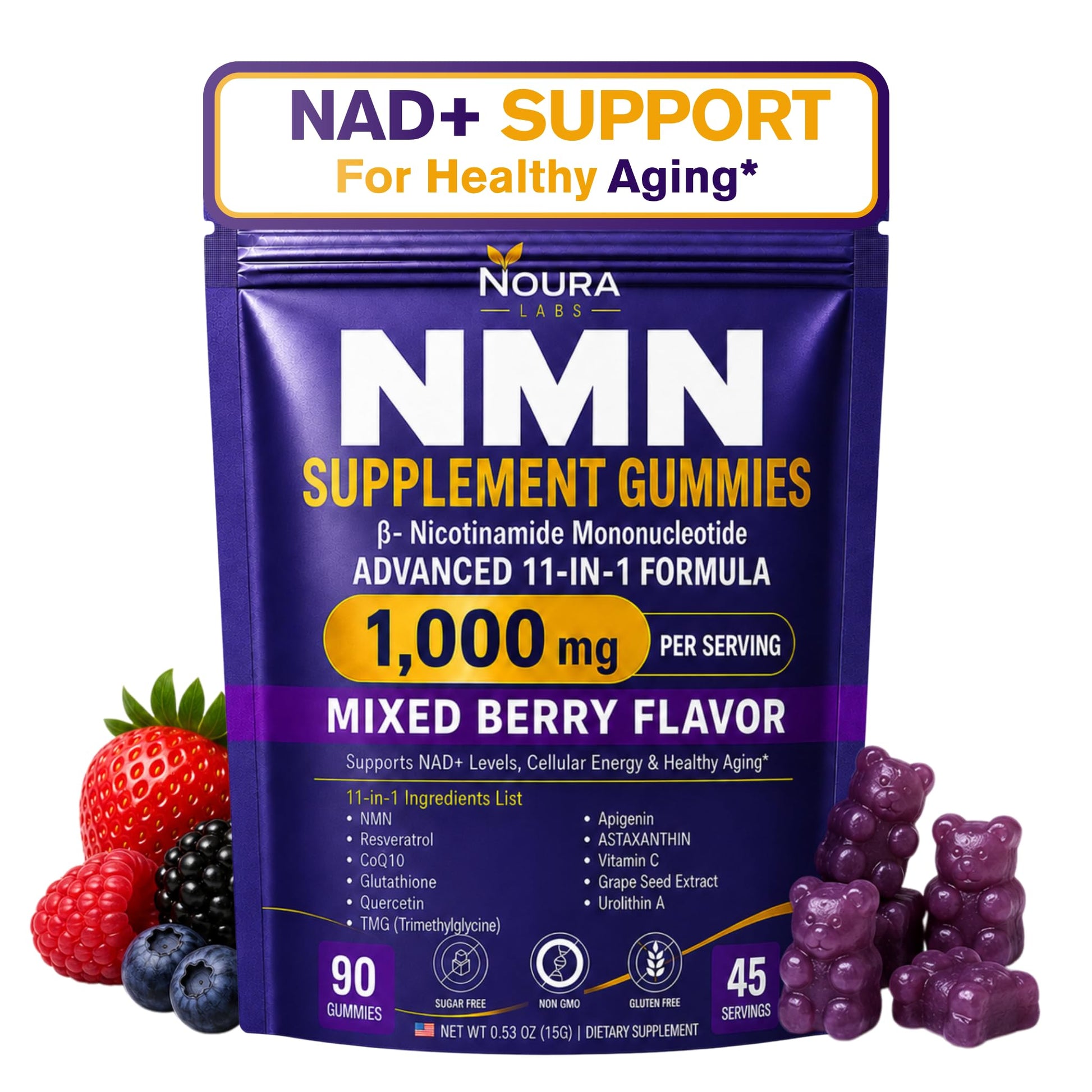 Noura Labs NMN 1000mg Gummies NAD+ Supplement, Mixed Berry, 90 Count