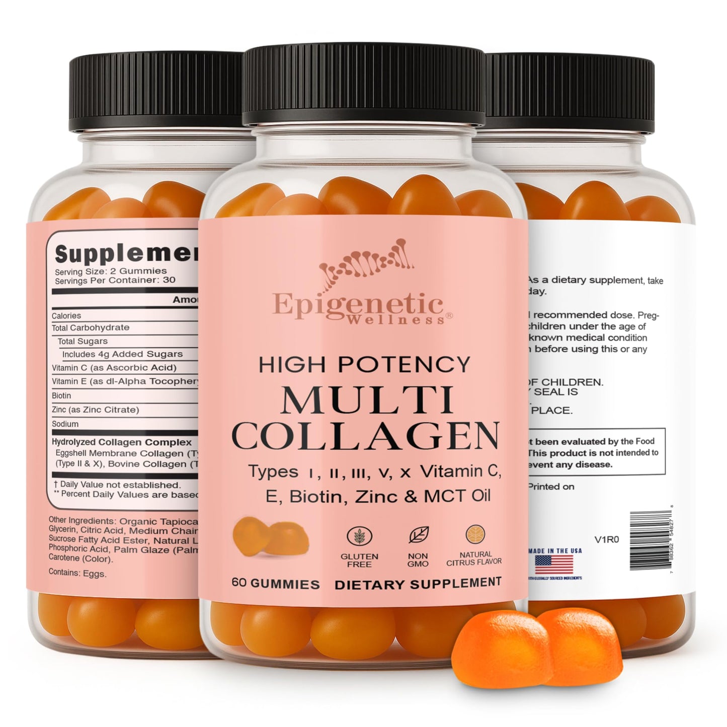 Epigenetic Wellness High Potency Multi Collagen Gummies with Types I, II, III, V and X, Vitamin C, E, Biotin and Zinc for Skin Elasticity, Joint Support, Hair and Nail Health — 60 Gummies