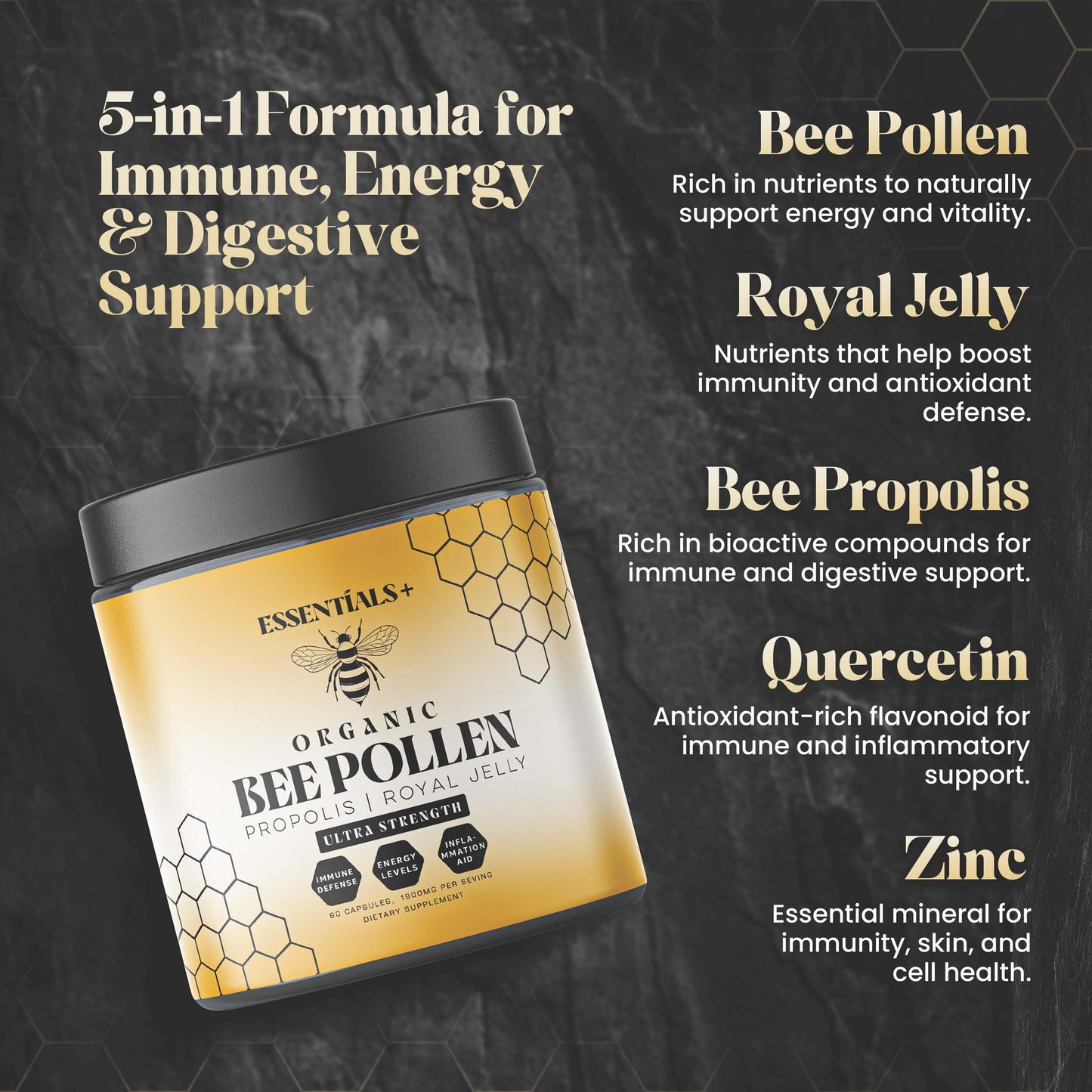Essentials+ Bee Pollen Propolis & Royal Jelly Capsules, 60 Count
