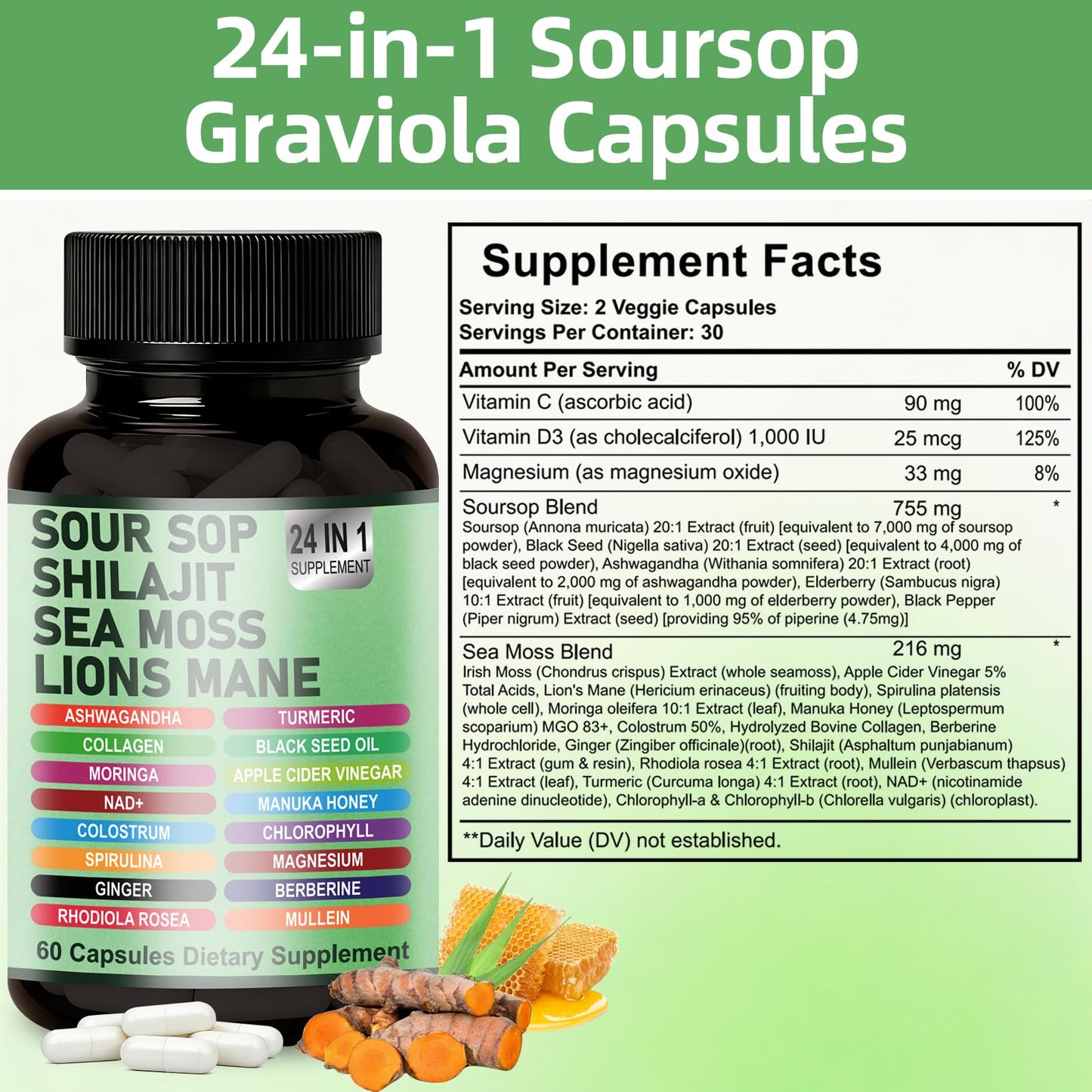 TENTOOL 24-in-1 Soursop Graviola Capsules with Sea Moss, Shilajit, Lions Mane, Immune Support, Energy, Gut Health, Vegan, 60 Capsules