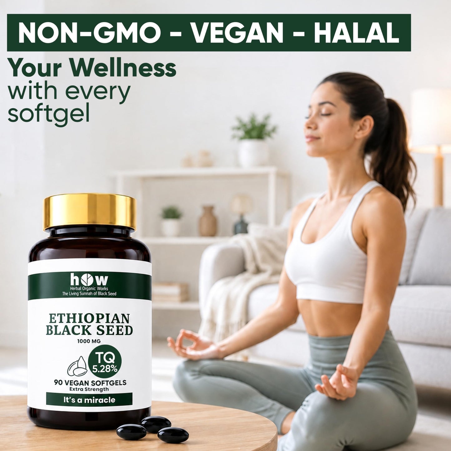 Herbal Organic Works Ethiopian Black Seed Oil Softgels 1000mg 5.28% TQ Cold Pressed, 90 Softgels