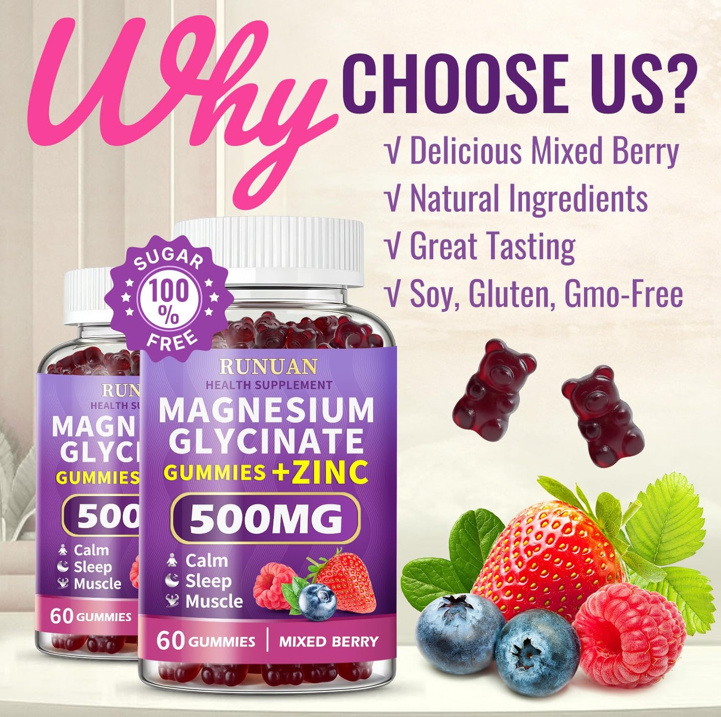 RUNUAN Magnesium Glycinate Gummies 500mg, 180 Gummies