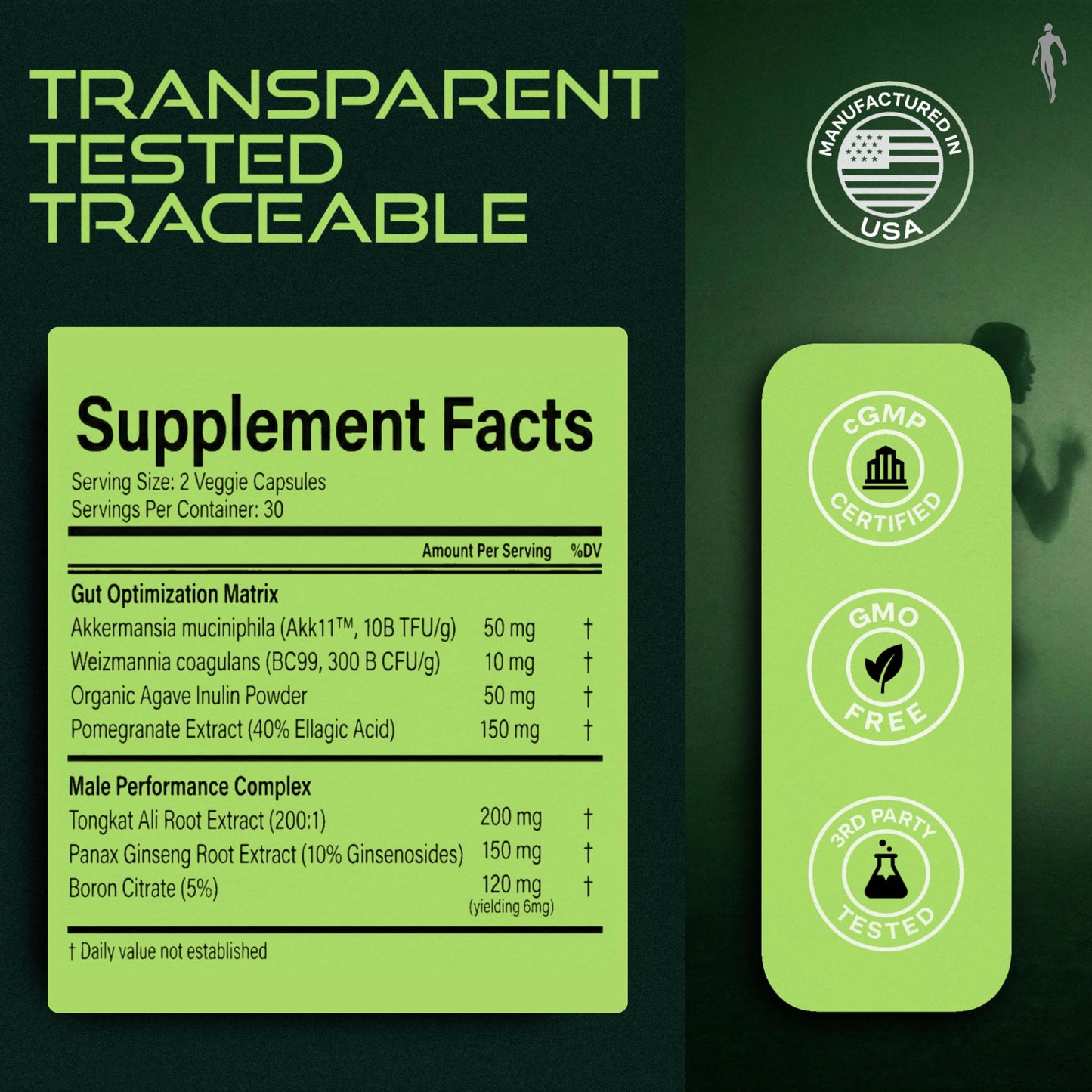 Simple Creatures Akkermansia Probiotic for Men AKK11 5-in-1 GLP-1 Support Debloat Complete Gut Health Male Drive Energy Synbiotic Boron & Tongkat Ali, 60 Capsules